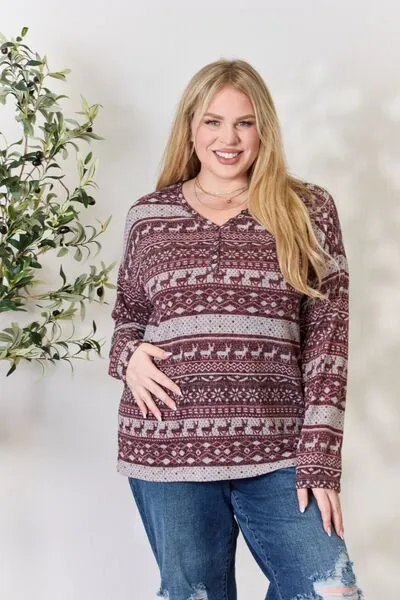 Christmas Element Buttoned Long Sleeve Top