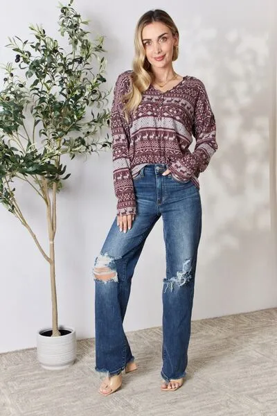 Christmas Element Buttoned Long Sleeve Top