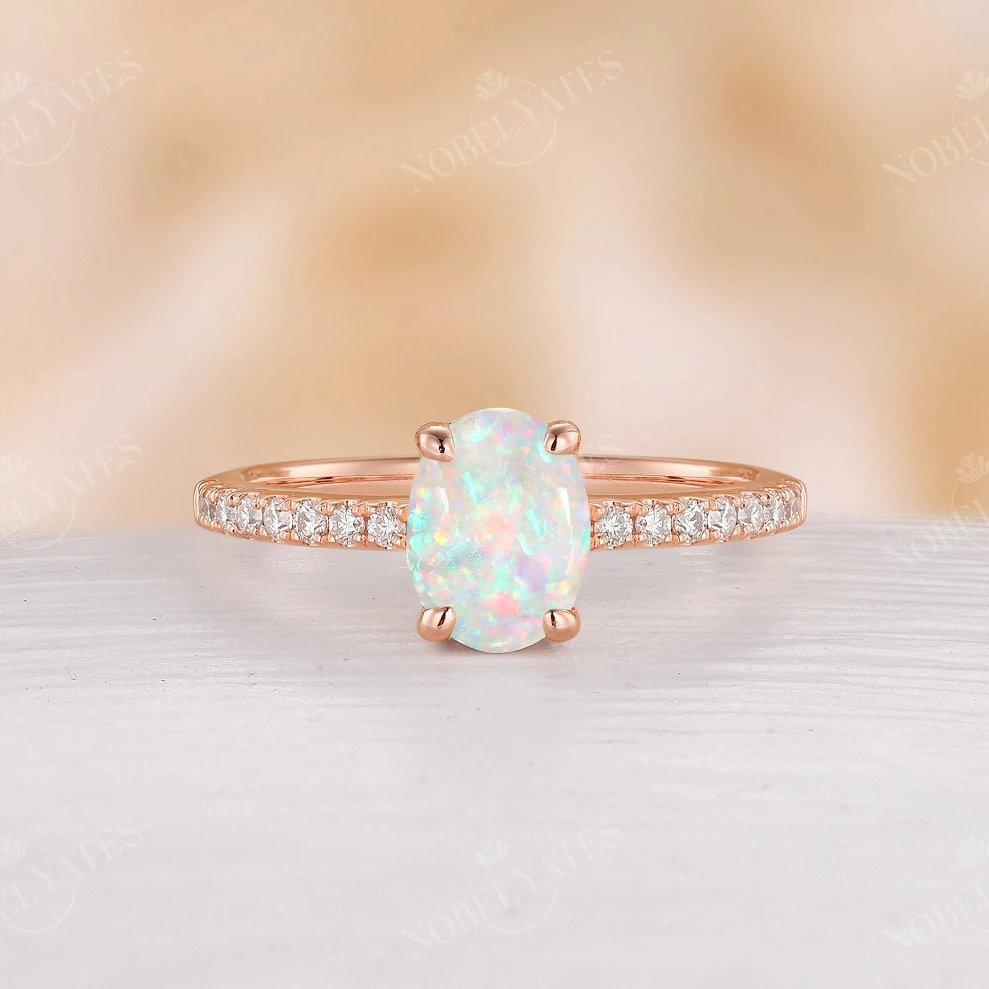 Classic Oval Opal Engagement Ring Moissanite Pave Rose Gold