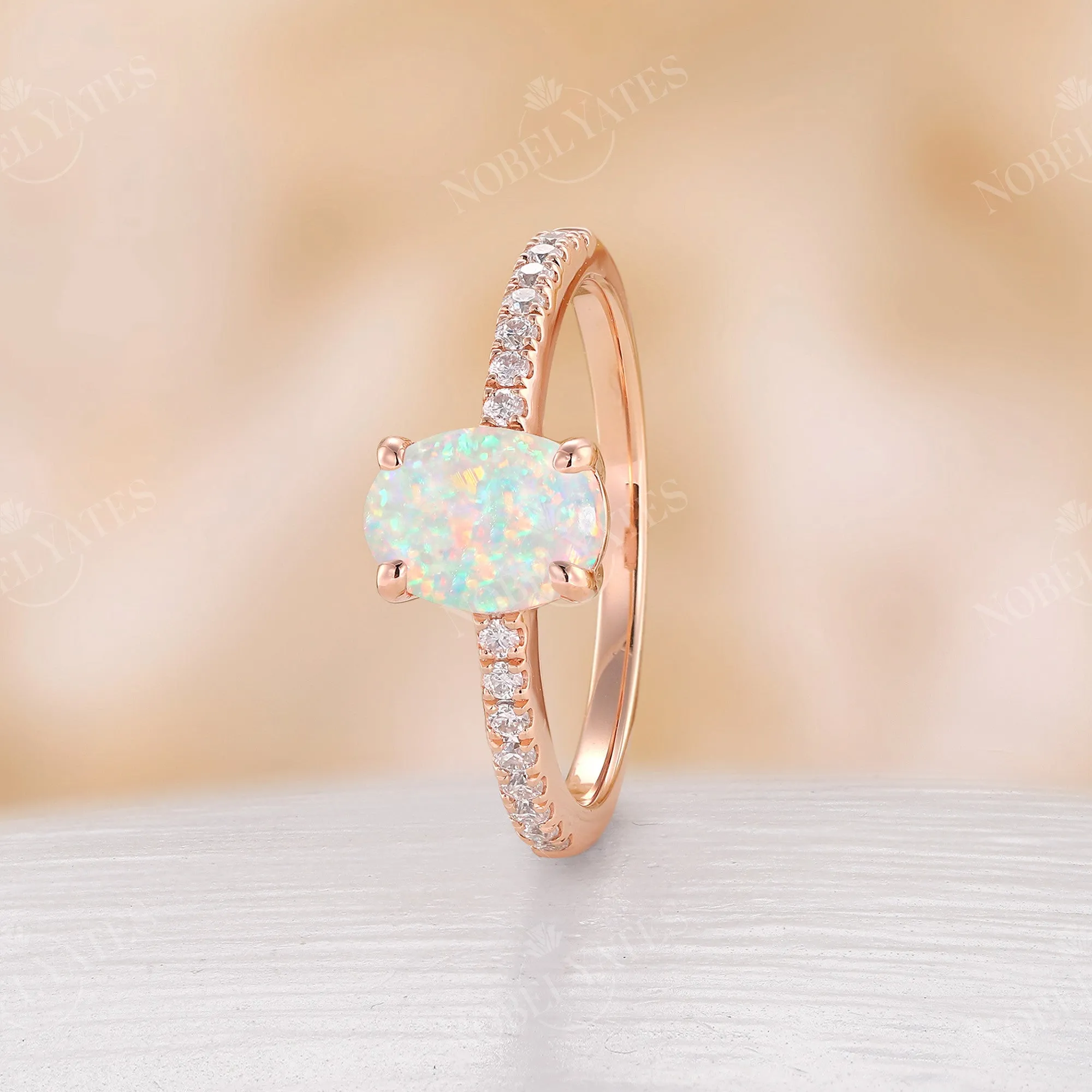 Classic Oval Opal Engagement Ring Moissanite Pave Rose Gold