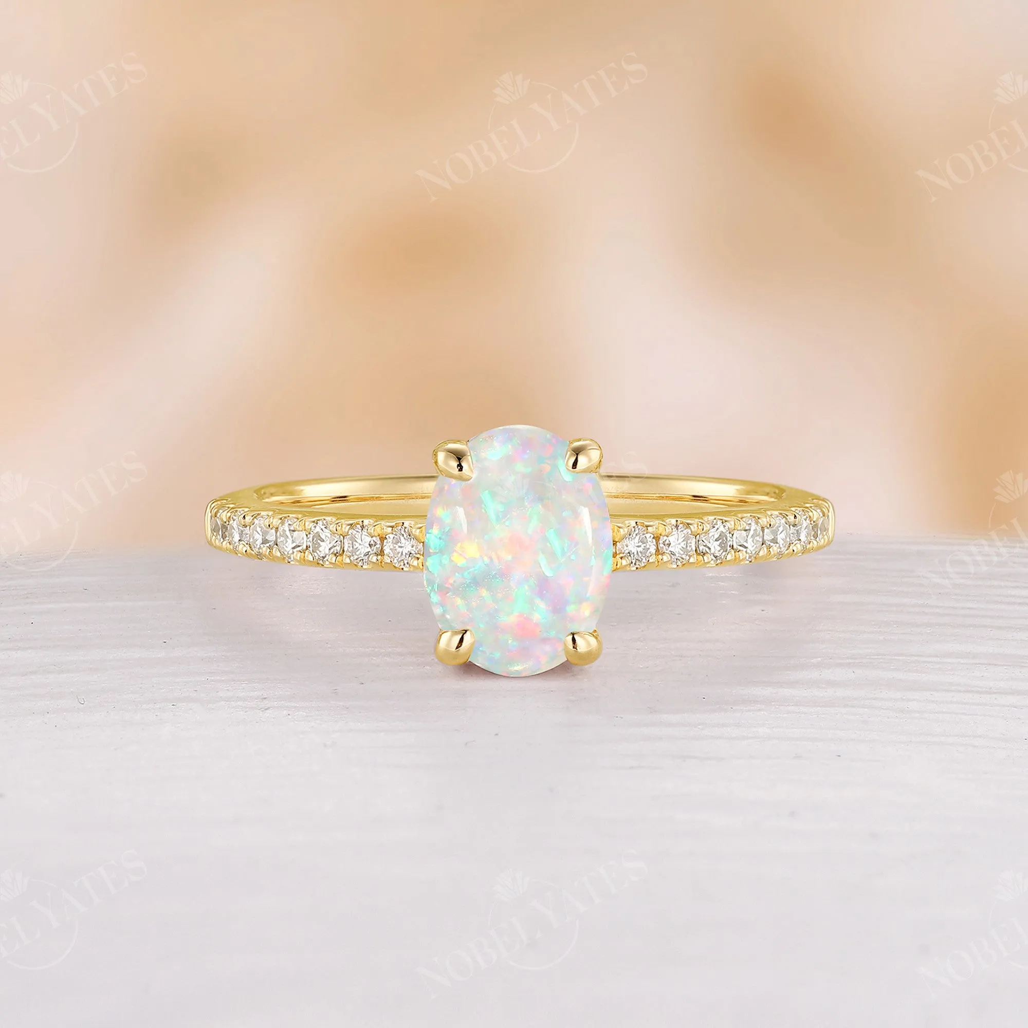 Classic Oval Opal Engagement Ring Moissanite Pave Rose Gold