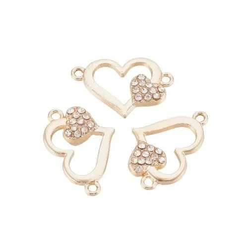 Connectors, Heart, Openwork, Crystal Rhinestones, Light Gold Plated, Alloy, Focal, Link, 16.5mm