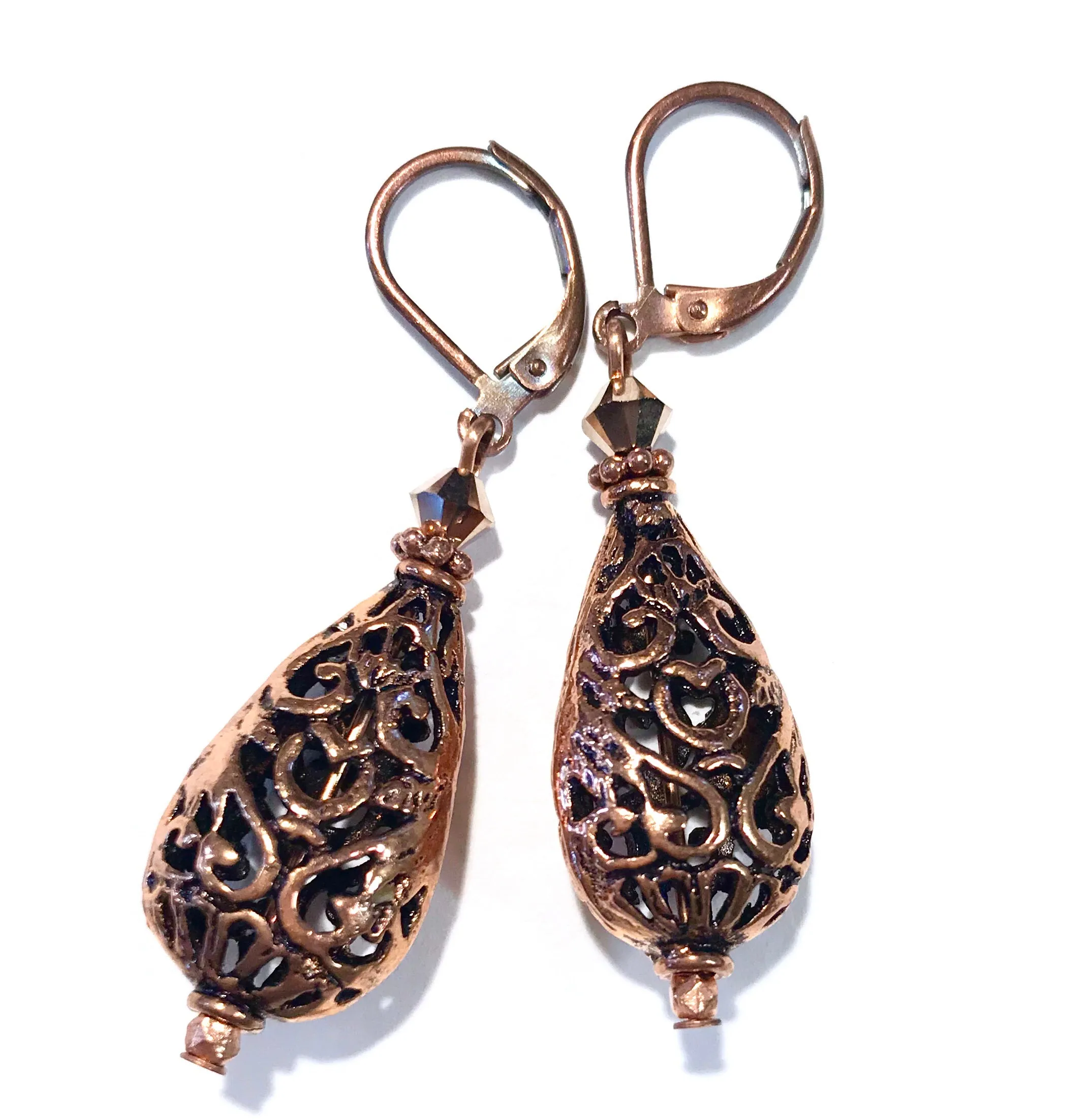 Copper Filigree Teardrop Leverback Earrings