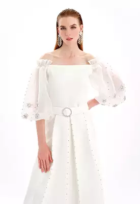 Crystal Embellished Off Shoulder Crop Party Blouse