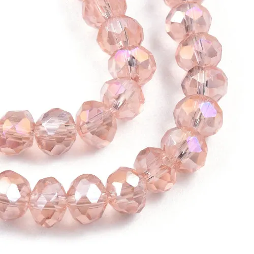 Crystal Glass Beads, Electroplated, Rondelle, Faceted, Misty Rose, AB, 6mm