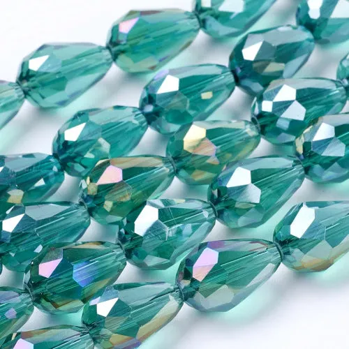 Crystal Glass Beads, Teardrop, Electroplated, Faceted, Cyan, AB, 15mm