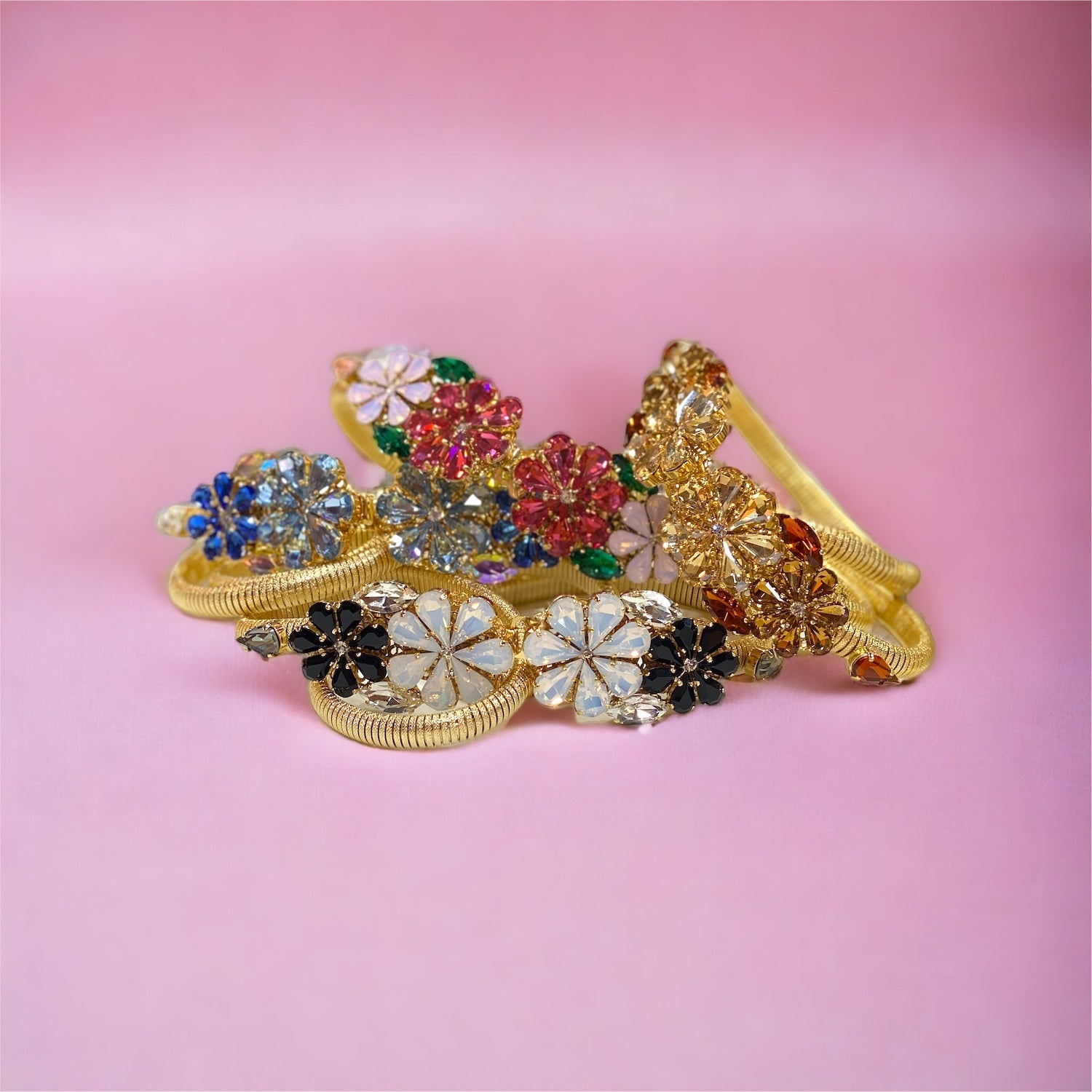 DAISY BELT IN GOLD-PLATED STRETCH METAL WITH AMBER AND YELLOW TOPAZ BUCKLE