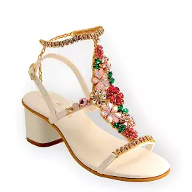 Daisy Bouquet, Jewel Sandal With Crystal Flowers And Block Heel