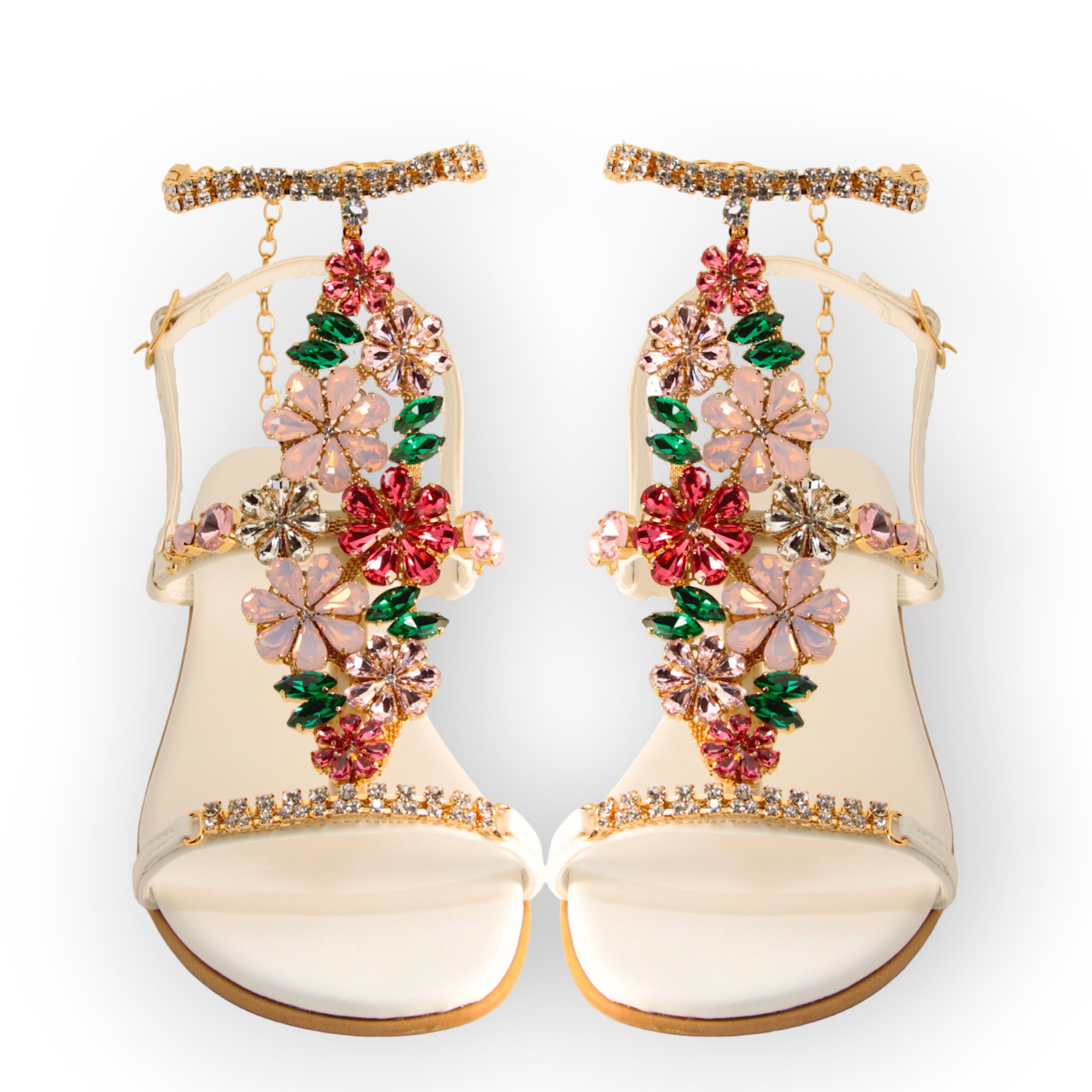 Daisy Bouquet, Jewel Sandal With Crystal Flowers And Block Heel