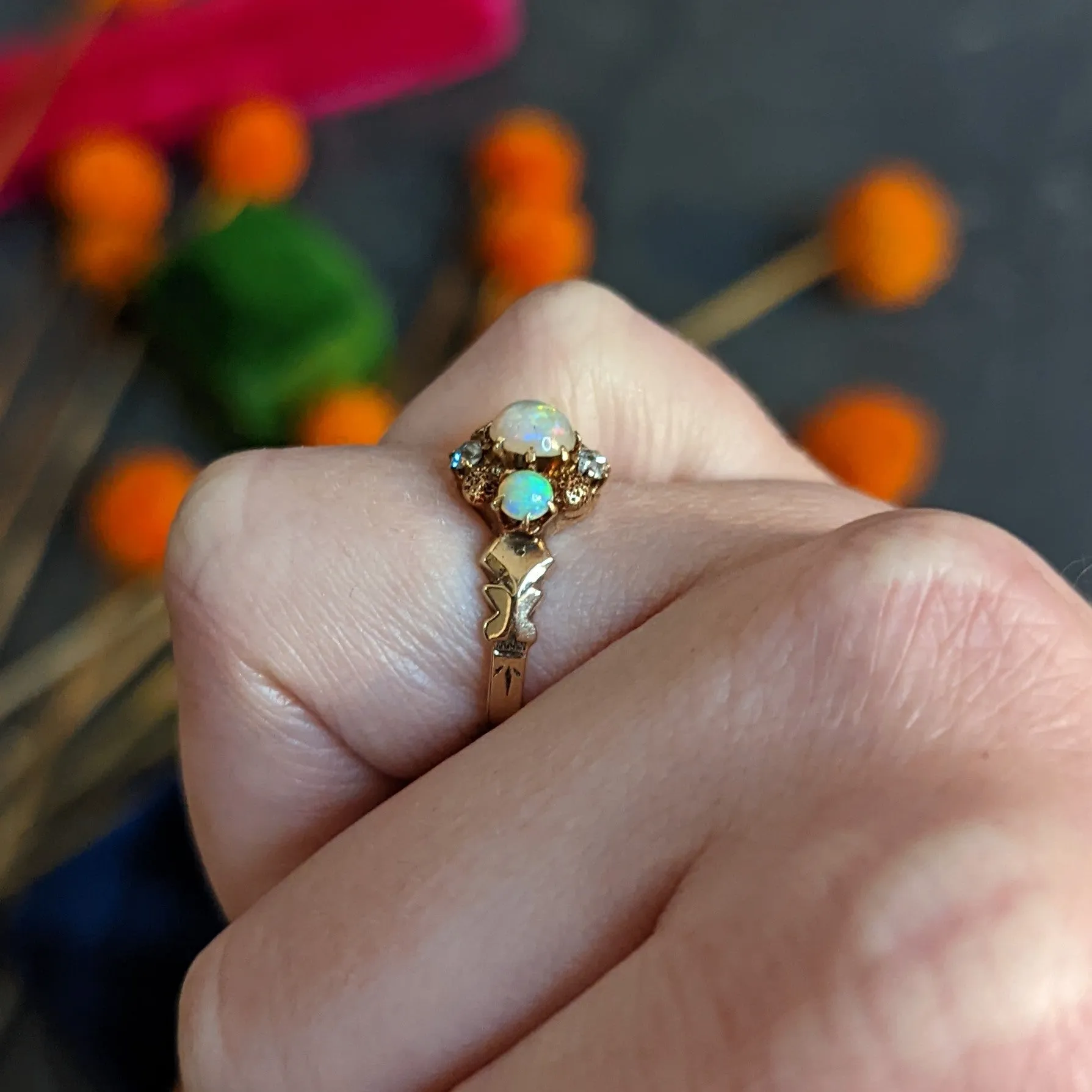 Dattelbaum and Friedman Victorian Diamond Opal 14 Karat Rose Gold Cluster Ring