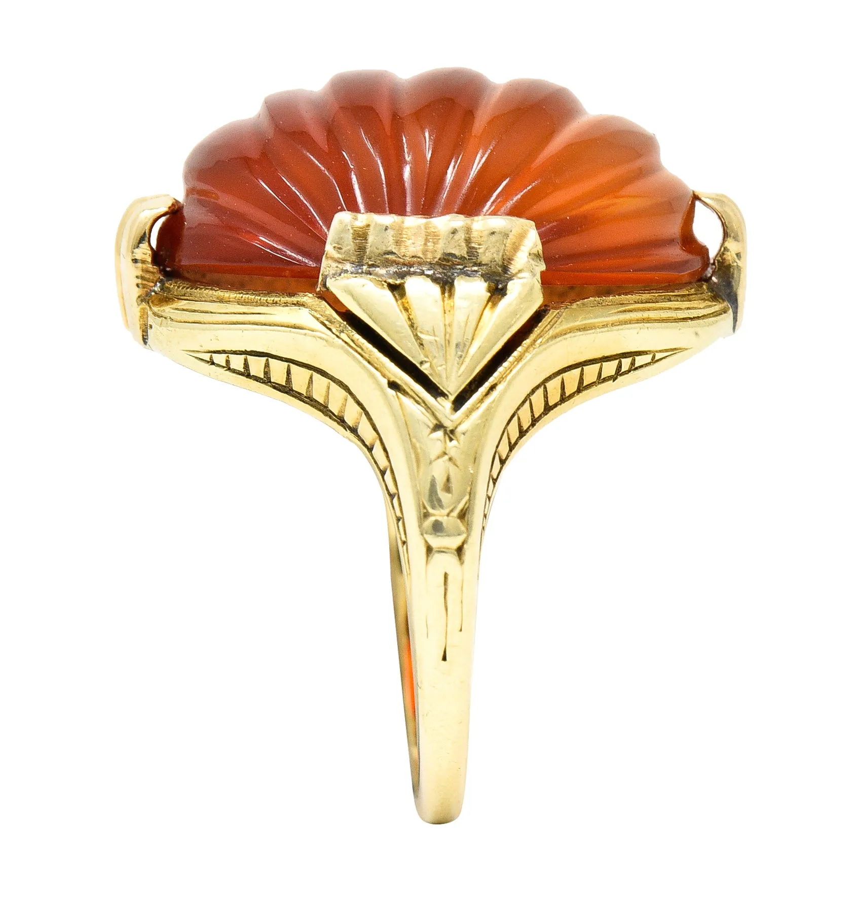 Early Art Deco Egyptian Revival Carved Carnelian 14 Karat Yellow Gold Gemstone Ring