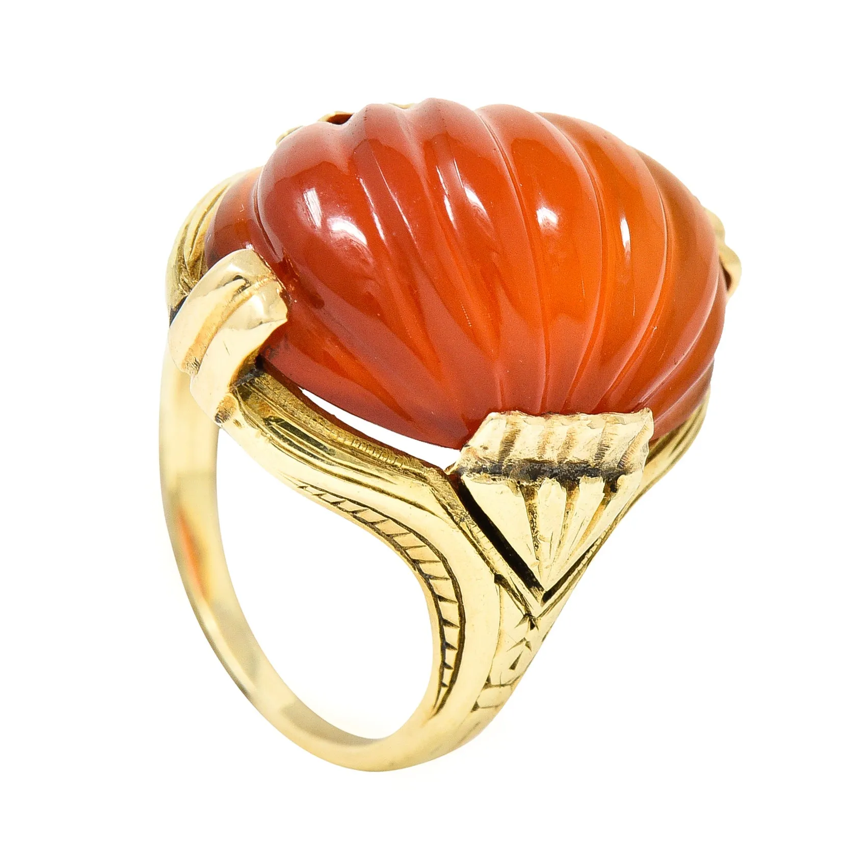 Early Art Deco Egyptian Revival Carved Carnelian 14 Karat Yellow Gold Gemstone Ring