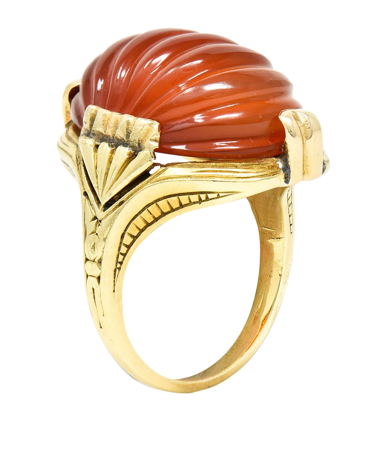 Early Art Deco Egyptian Revival Carved Carnelian 14 Karat Yellow Gold Gemstone Ring