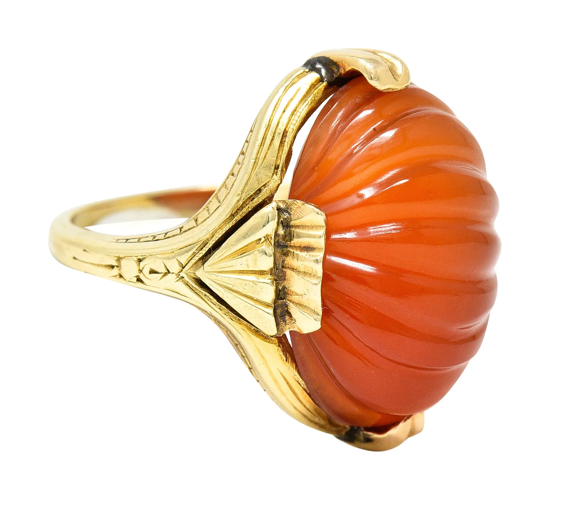 Early Art Deco Egyptian Revival Carved Carnelian 14 Karat Yellow Gold Gemstone Ring