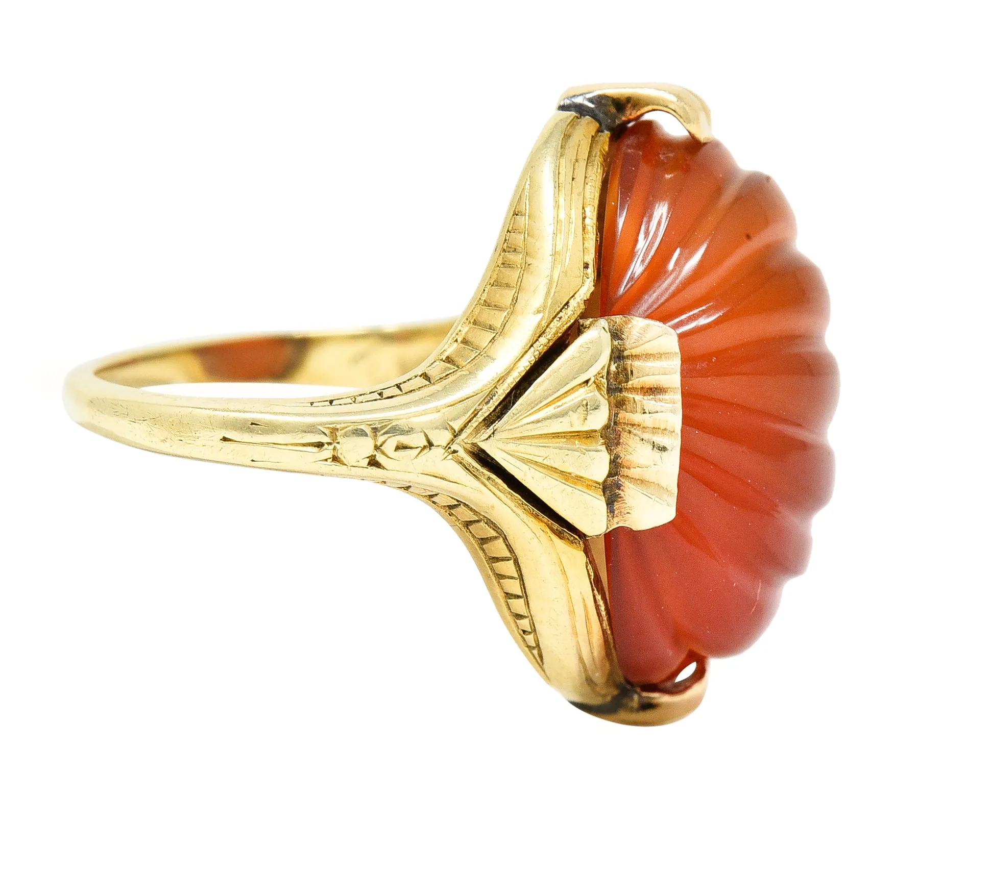 Early Art Deco Egyptian Revival Carved Carnelian 14 Karat Yellow Gold Gemstone Ring