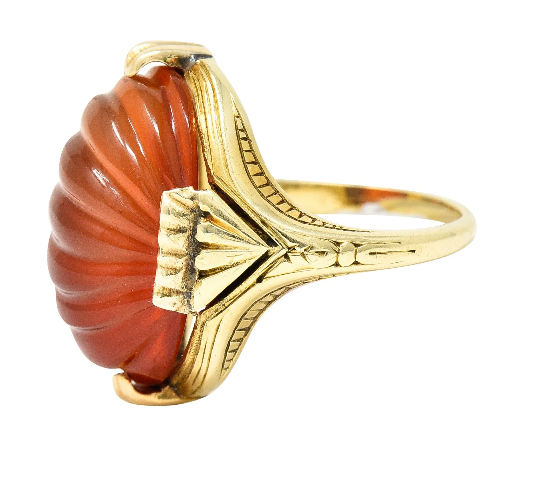 Early Art Deco Egyptian Revival Carved Carnelian 14 Karat Yellow Gold Gemstone Ring