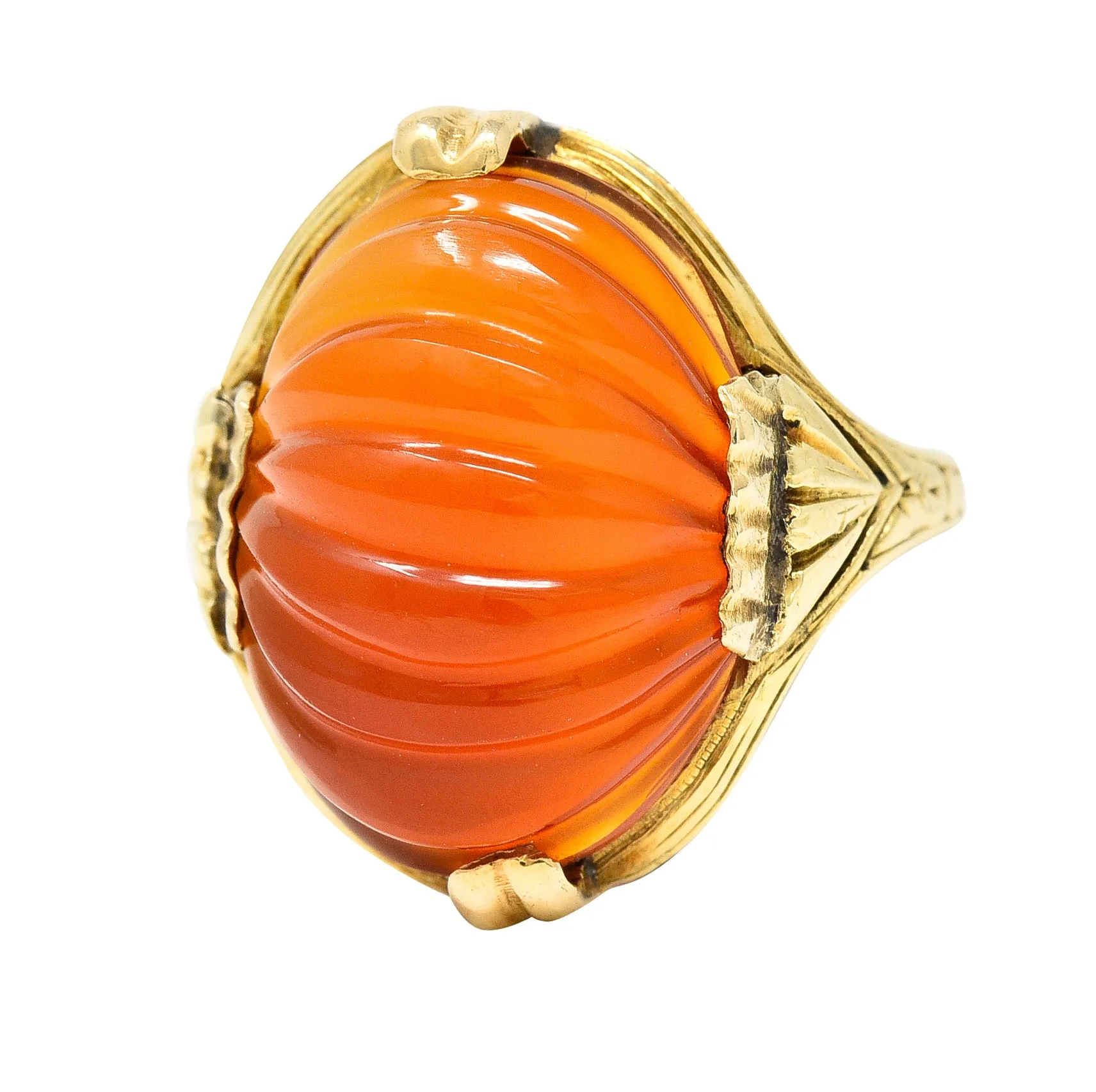 Early Art Deco Egyptian Revival Carved Carnelian 14 Karat Yellow Gold Gemstone Ring