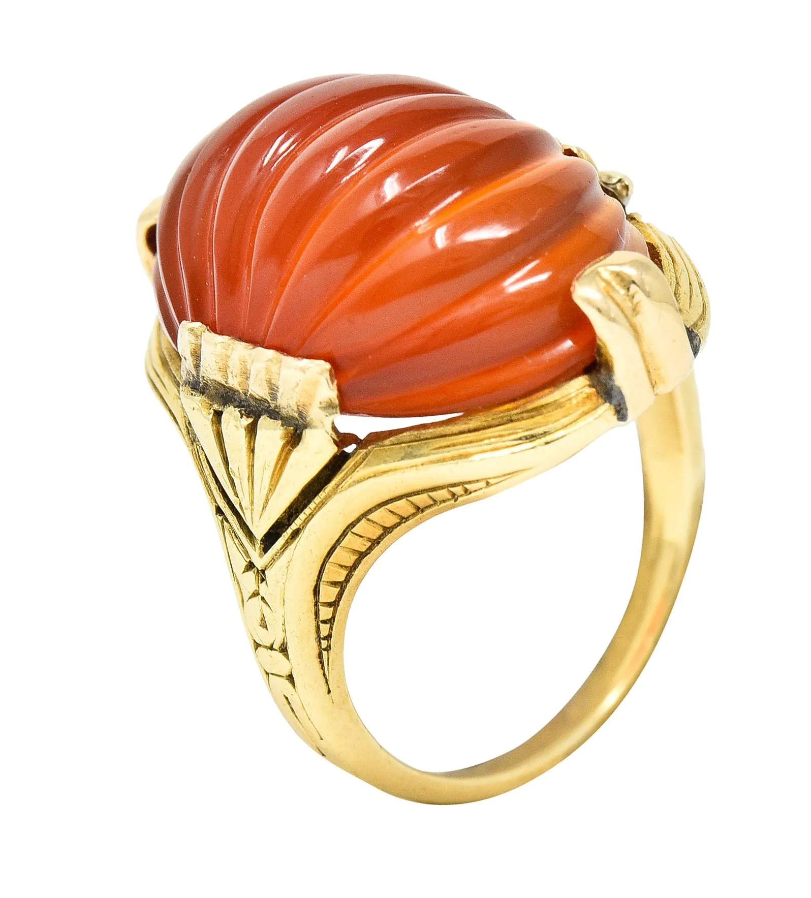 Early Art Deco Egyptian Revival Carved Carnelian 14 Karat Yellow Gold Gemstone Ring