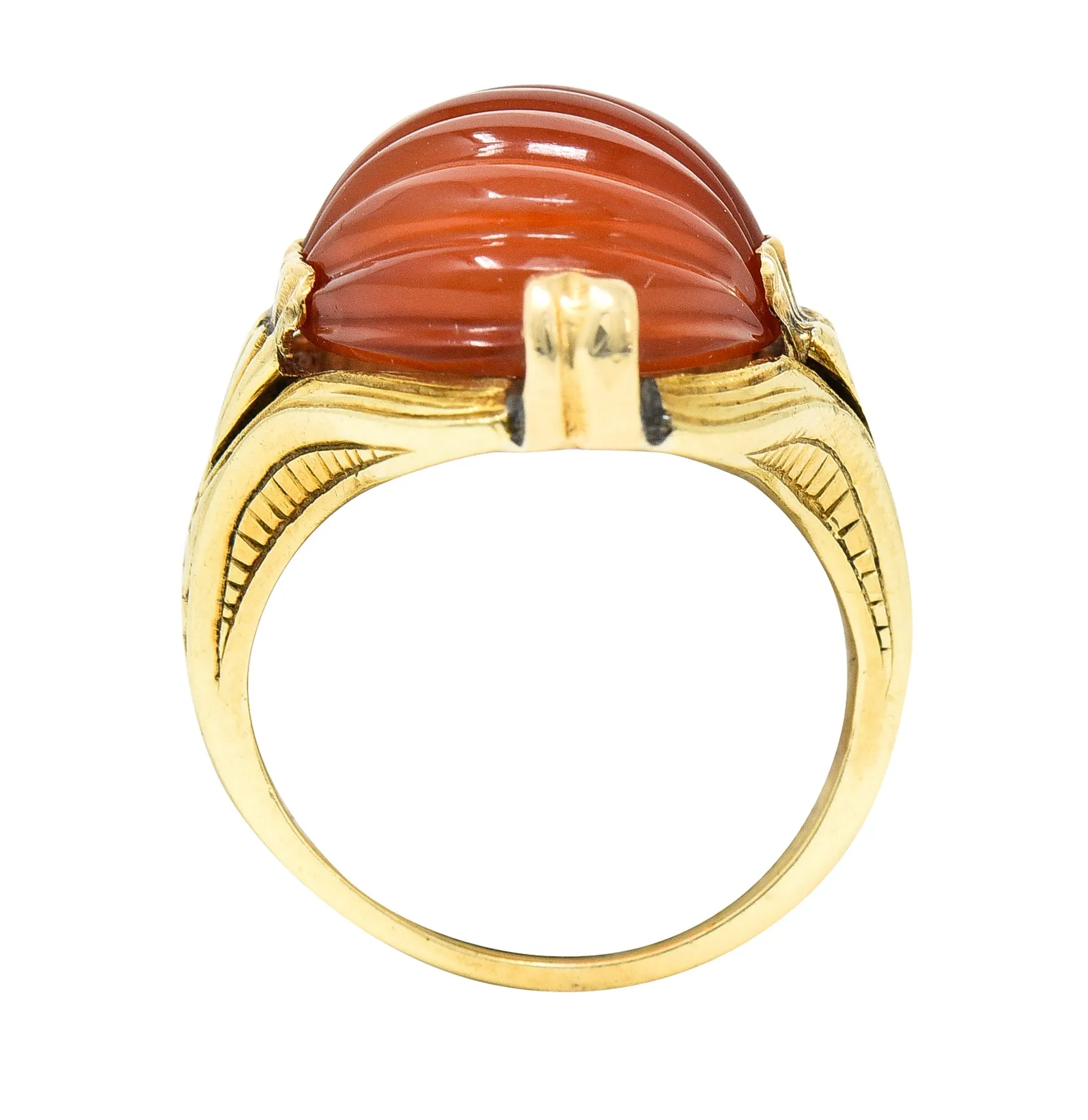 Early Art Deco Egyptian Revival Carved Carnelian 14 Karat Yellow Gold Gemstone Ring