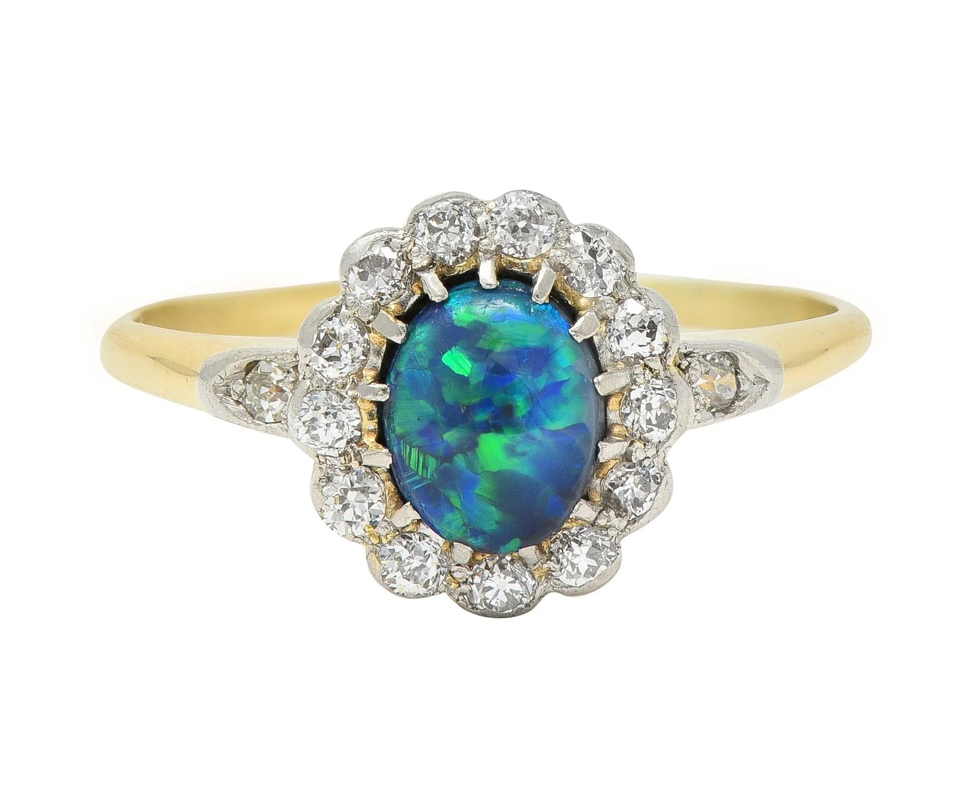 Edwardian 0.42 CTW Opal Diamond Platinum 18 Karat Yellow Gold Antique Halo Ring