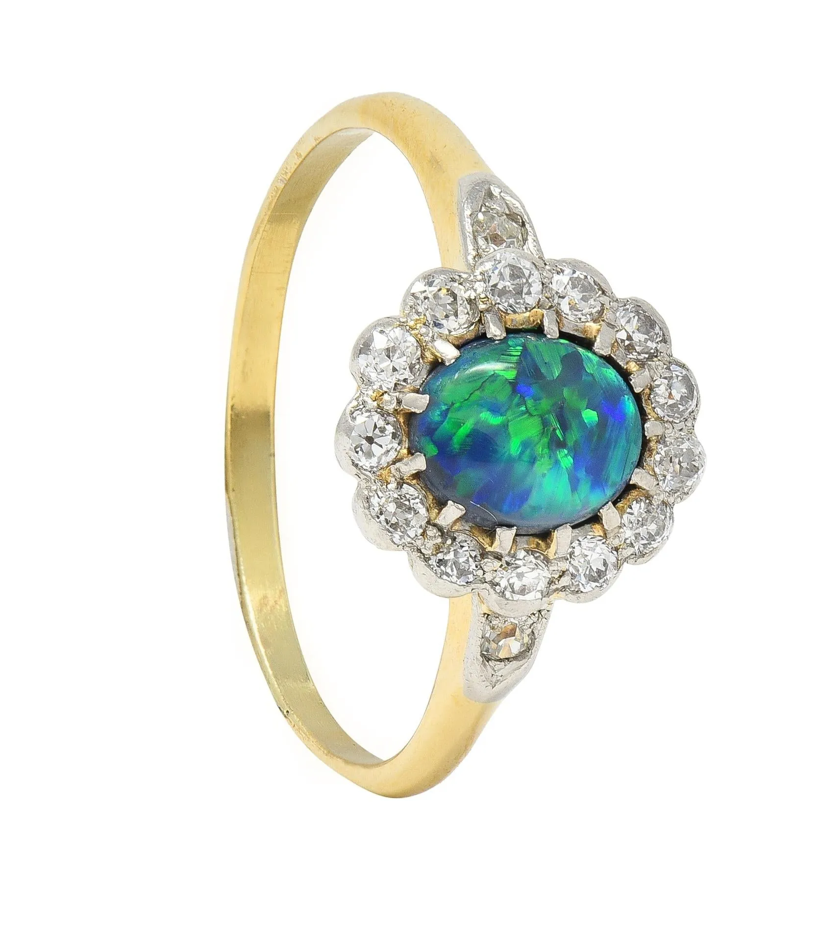 Edwardian 0.42 CTW Opal Diamond Platinum 18 Karat Yellow Gold Antique Halo Ring