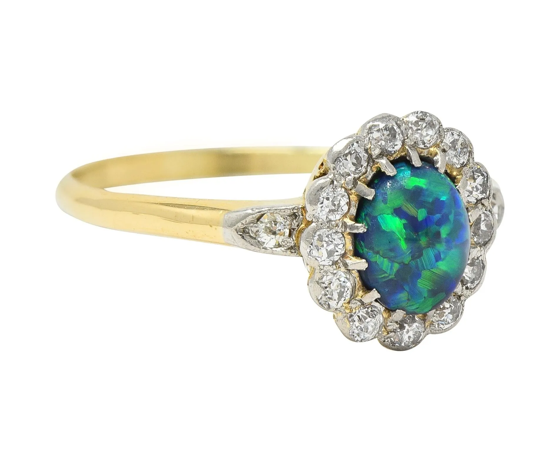 Edwardian 0.42 CTW Opal Diamond Platinum 18 Karat Yellow Gold Antique Halo Ring