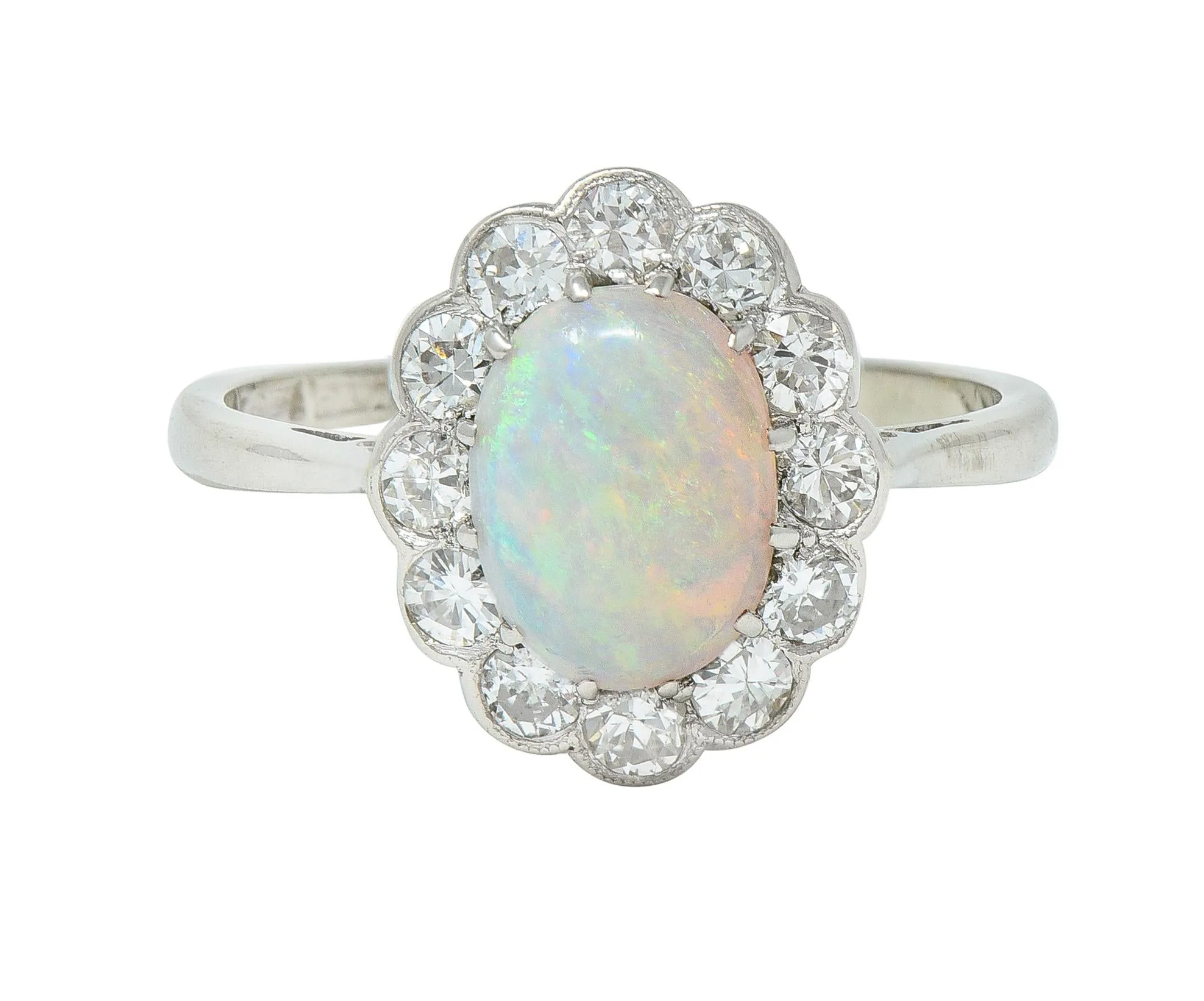 Edwardian 0.60 CTW Opal Diamond Platinum 18 Karat Gold Antique Halo Ring