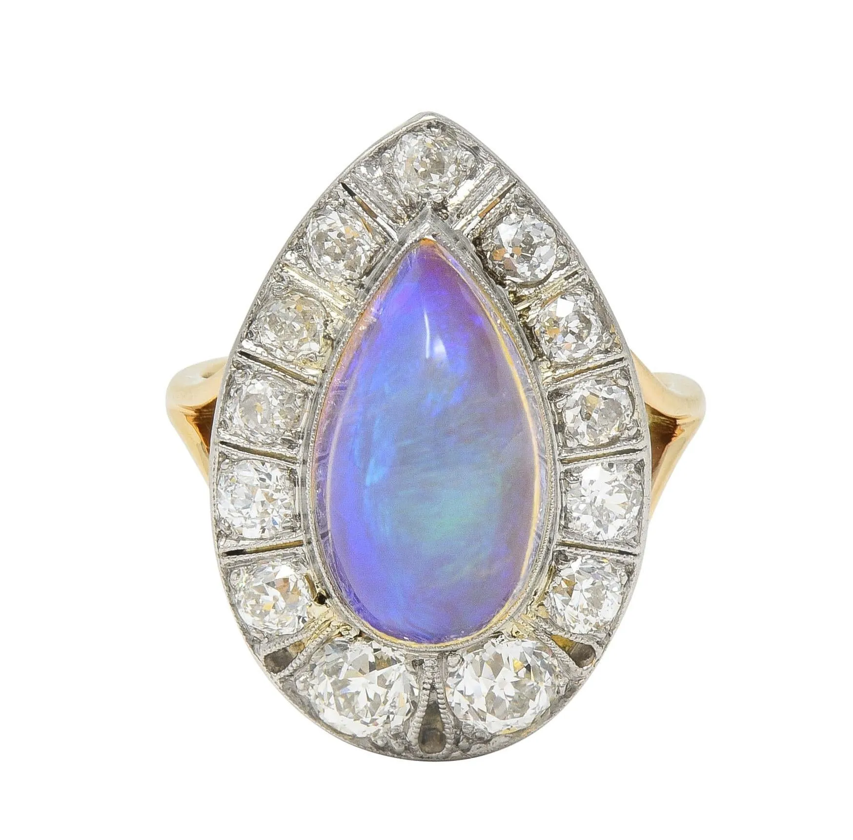 Edwardian Antique Pear Jelly Opal Diamond Platinum 14 Karat Gold Halo Ring