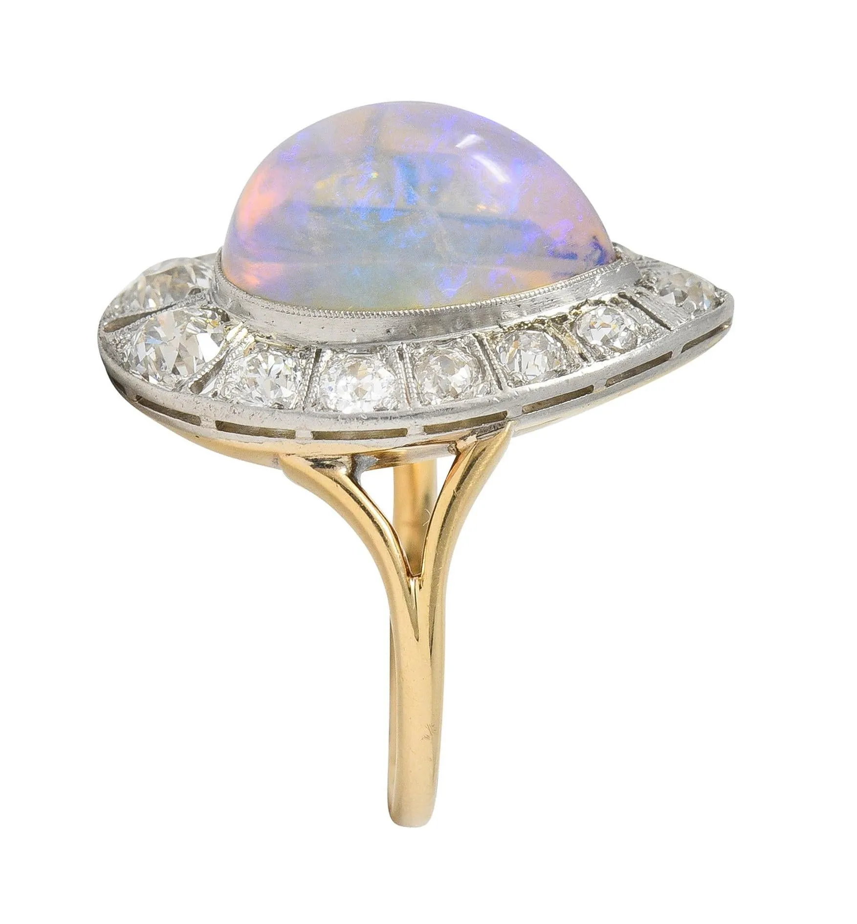 Edwardian Antique Pear Jelly Opal Diamond Platinum 14 Karat Gold Halo Ring