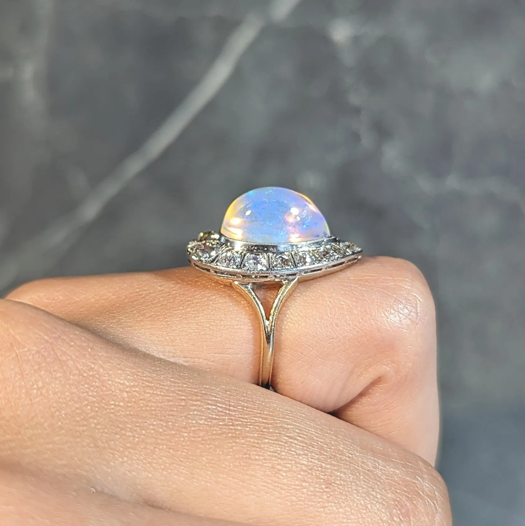 Edwardian Antique Pear Jelly Opal Diamond Platinum 14 Karat Gold Halo Ring