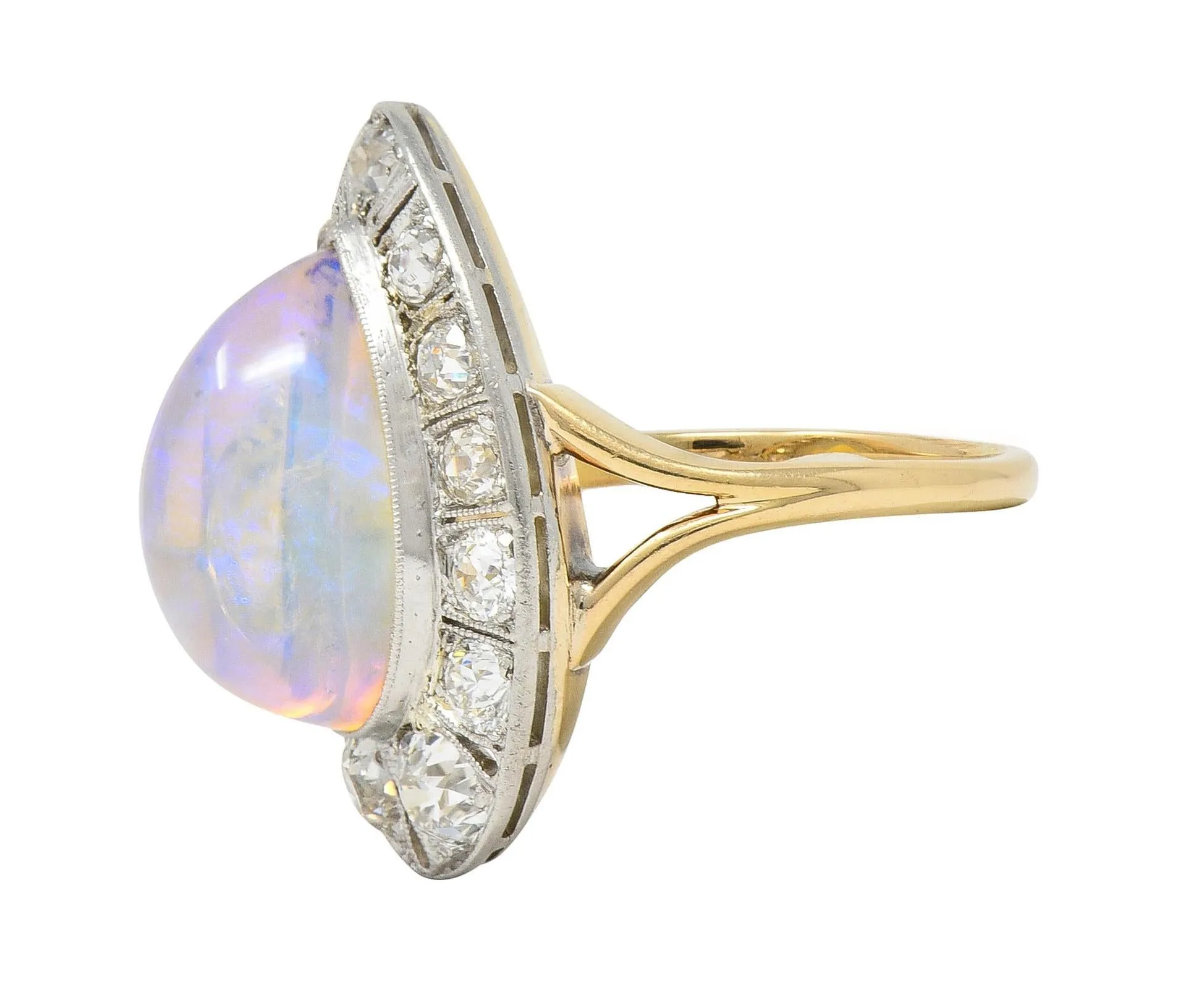 Edwardian Antique Pear Jelly Opal Diamond Platinum 14 Karat Gold Halo Ring