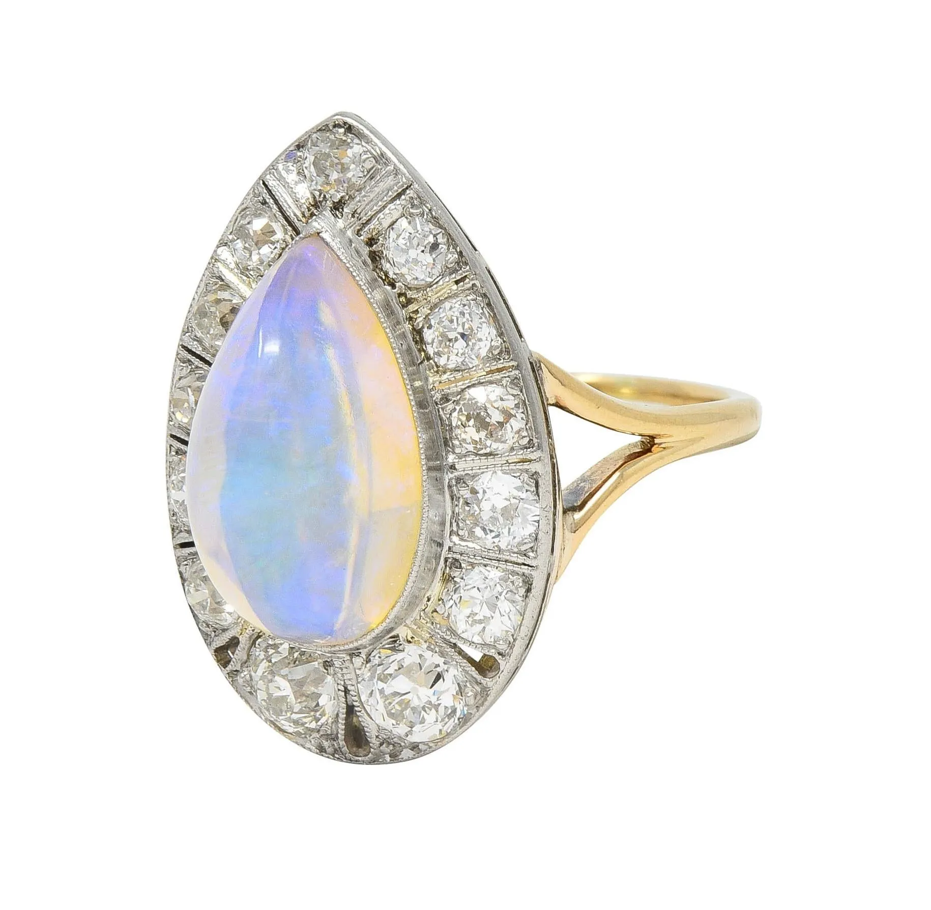 Edwardian Antique Pear Jelly Opal Diamond Platinum 14 Karat Gold Halo Ring