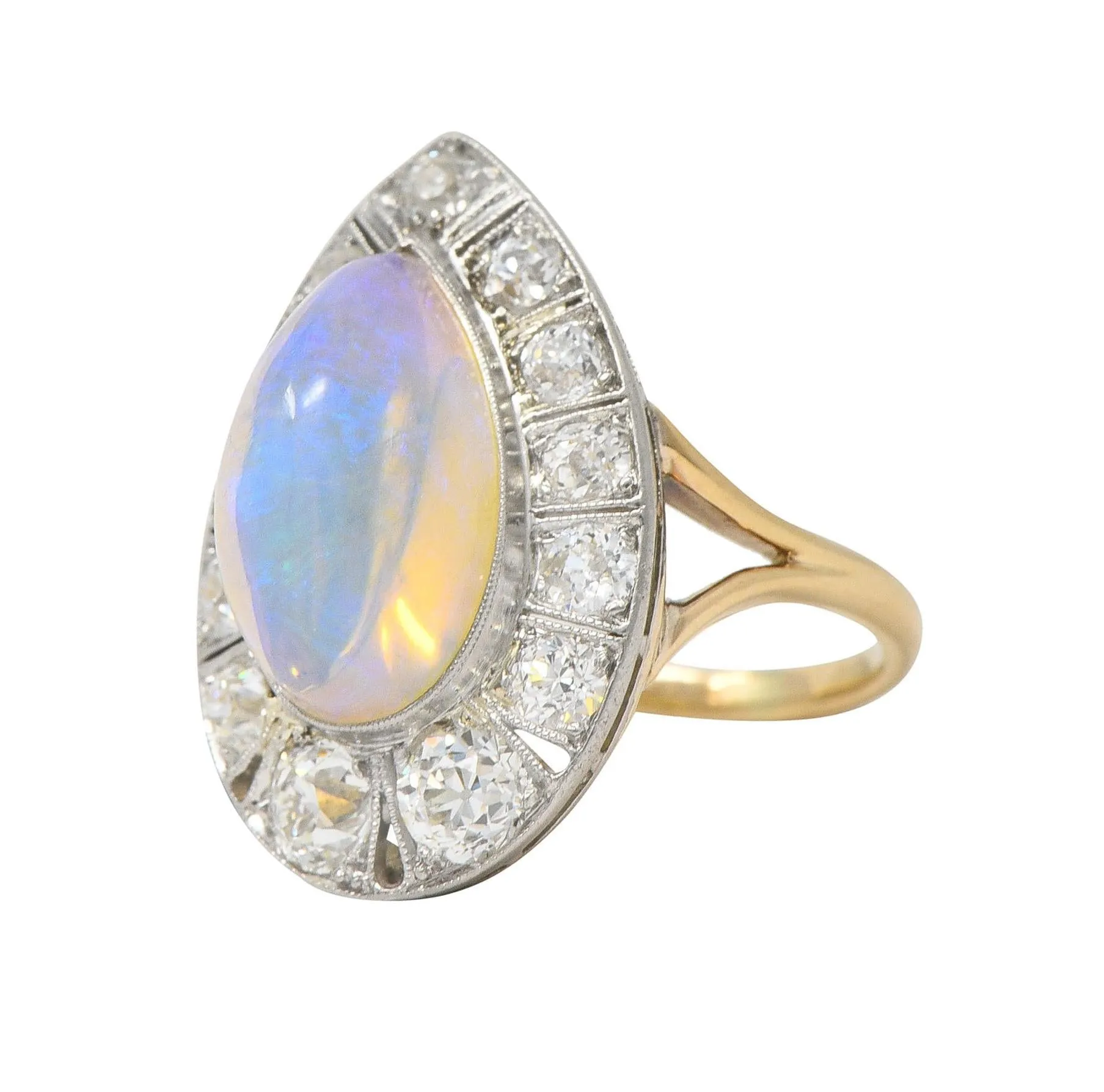 Edwardian Antique Pear Jelly Opal Diamond Platinum 14 Karat Gold Halo Ring