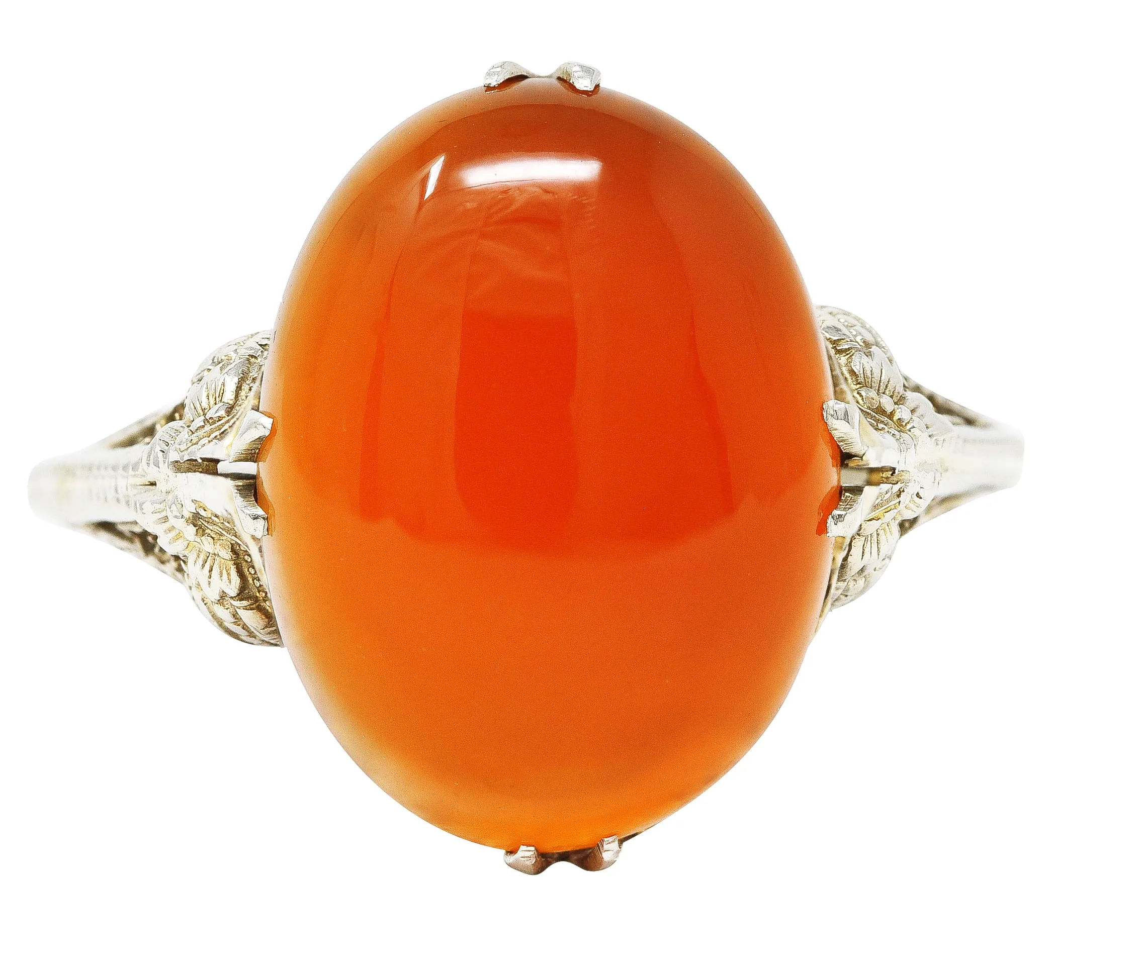 Edwardian Carnelian 18 Karat White Gold Scrolling Filigree Trellis Antique Ring