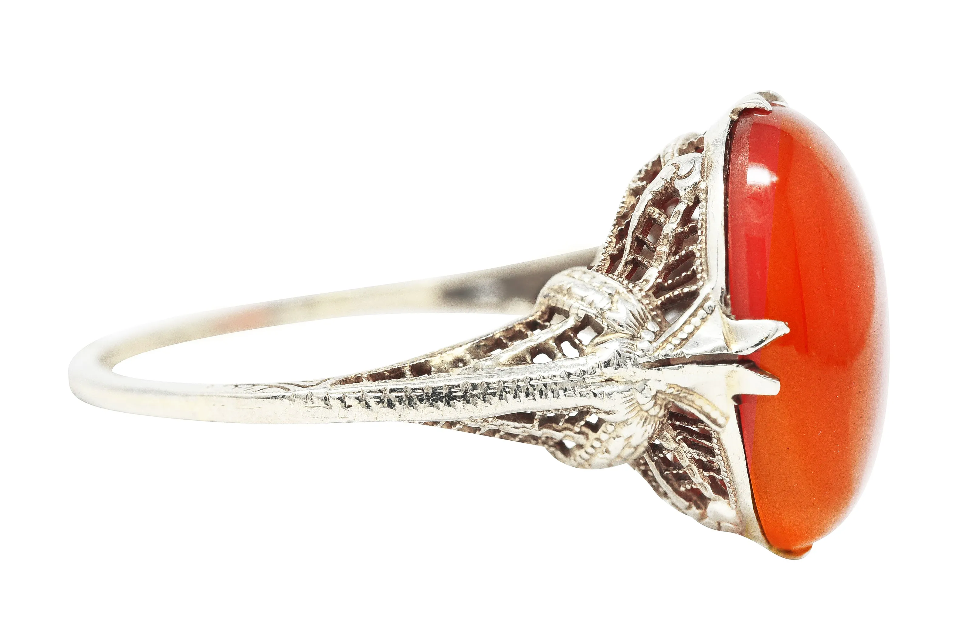 Edwardian Carnelian 18 Karat White Gold Scrolling Filigree Trellis Antique Ring