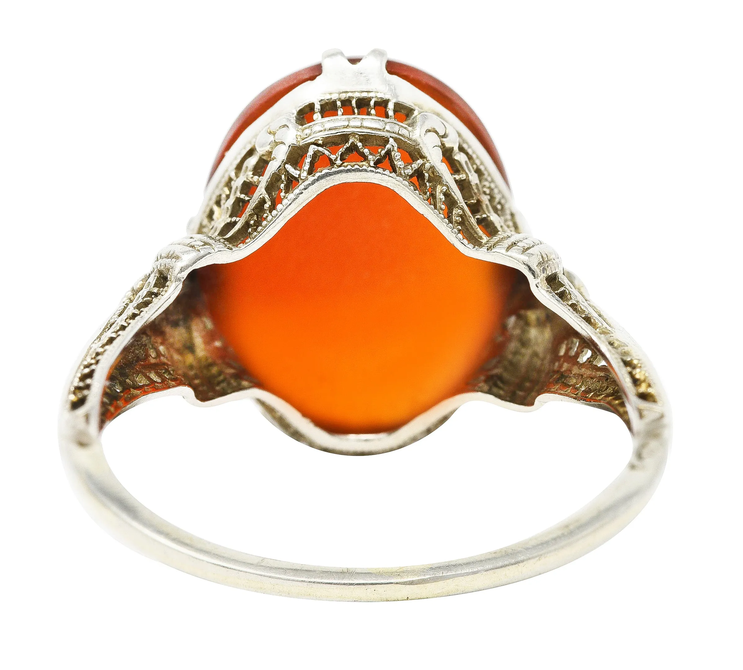 Edwardian Carnelian 18 Karat White Gold Scrolling Filigree Trellis Antique Ring