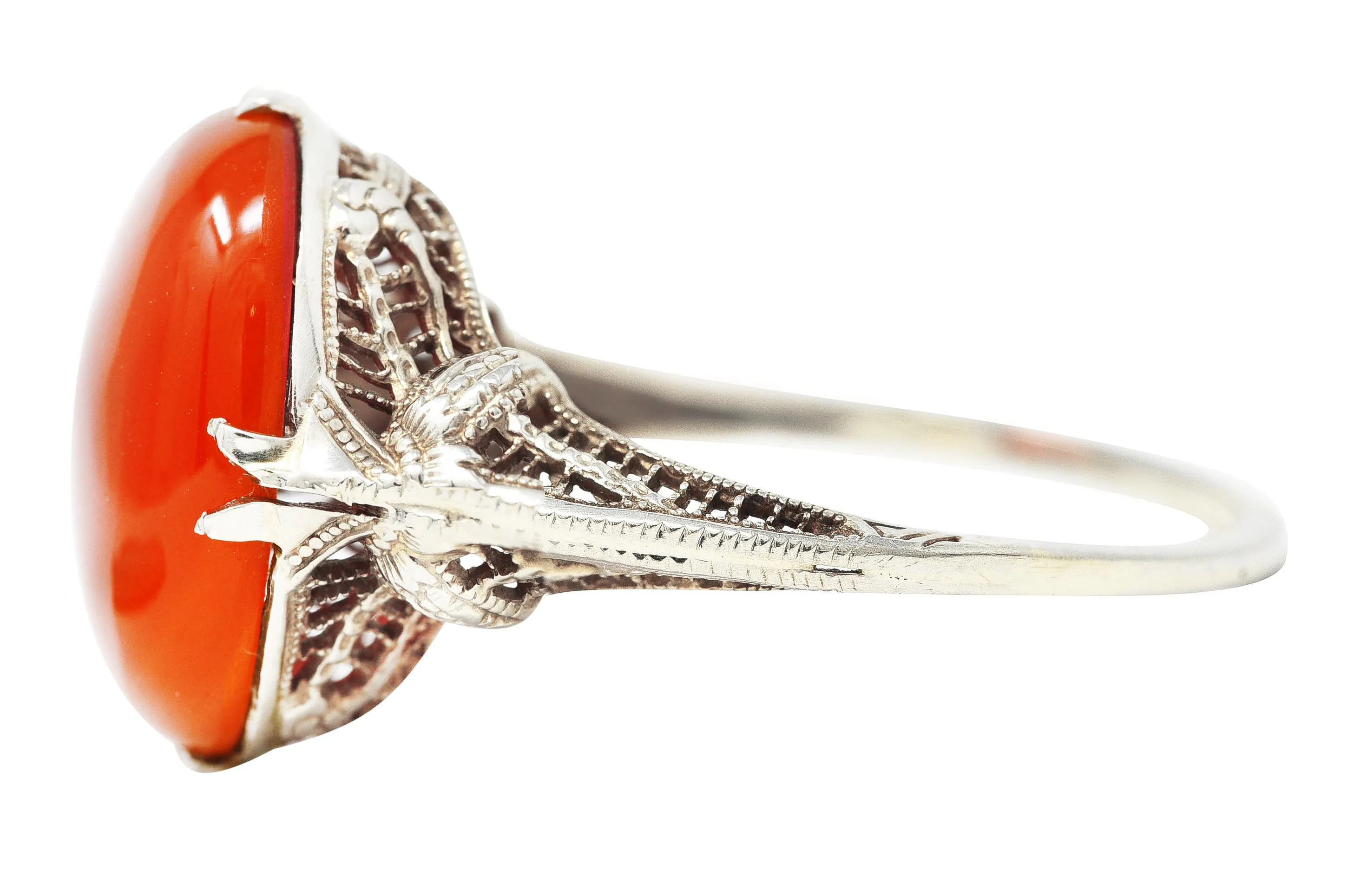 Edwardian Carnelian 18 Karat White Gold Scrolling Filigree Trellis Antique Ring