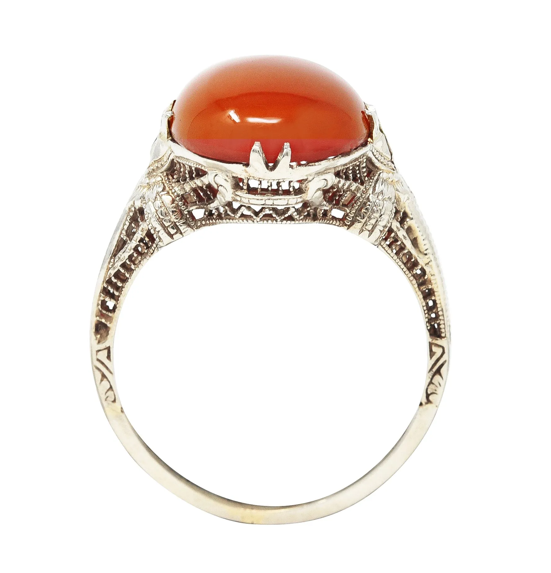 Edwardian Carnelian 18 Karat White Gold Scrolling Filigree Trellis Antique Ring