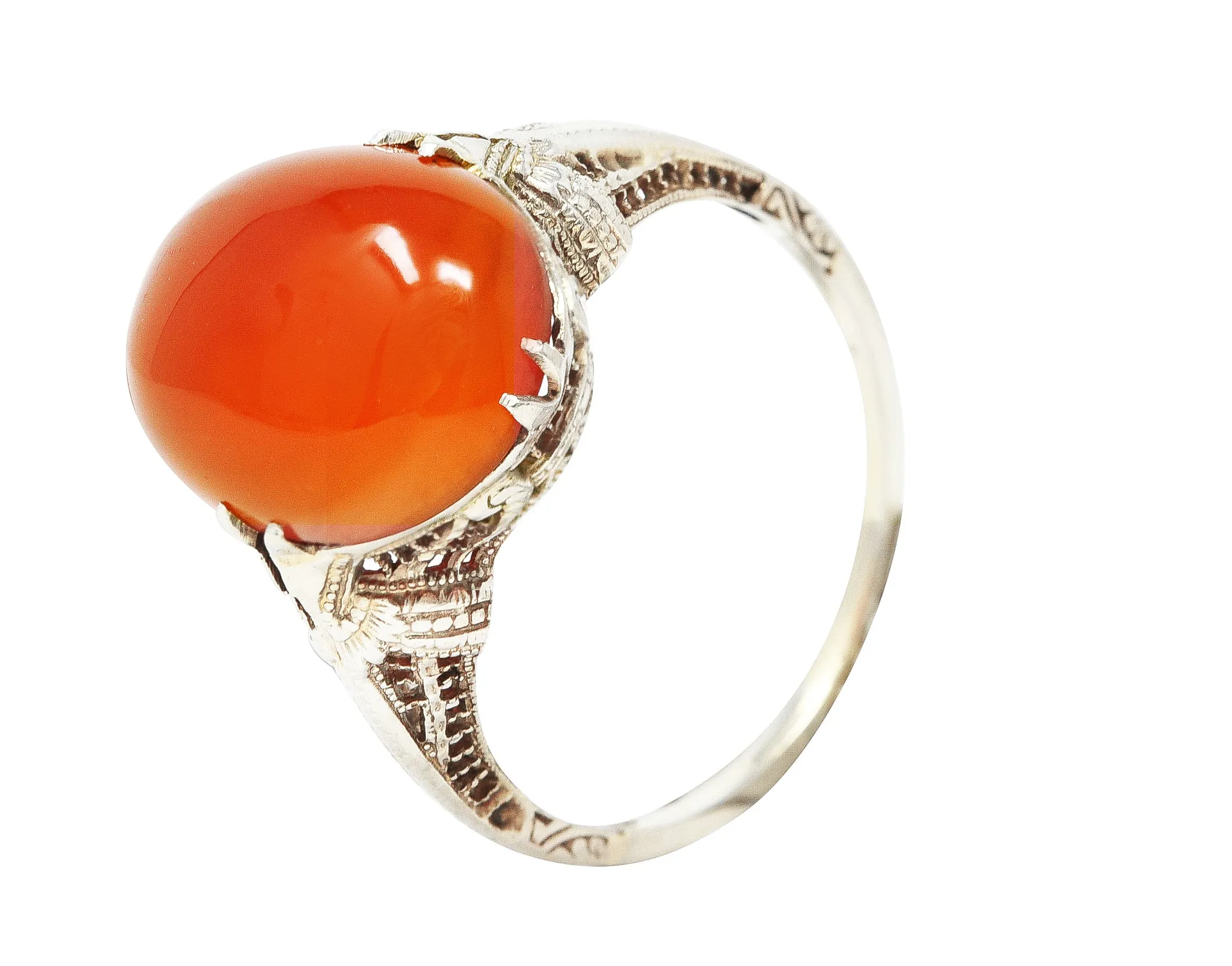 Edwardian Carnelian 18 Karat White Gold Scrolling Filigree Trellis Antique Ring