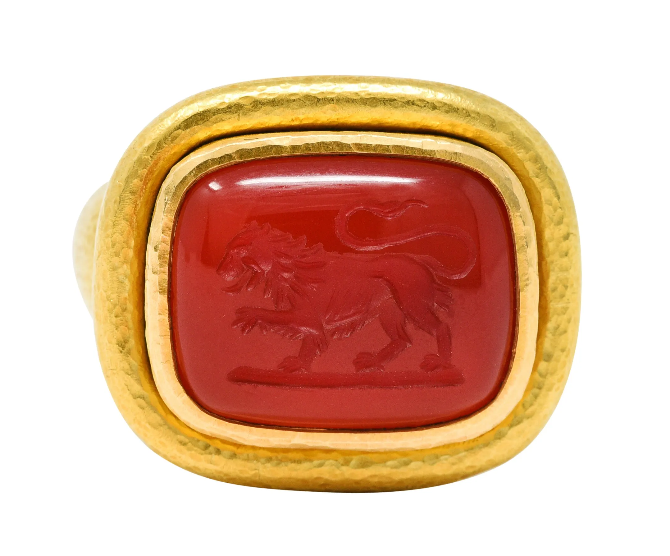 Elizabeth Locke Carnelian Intaglio 18 Karat Gold Lion Signet Ring