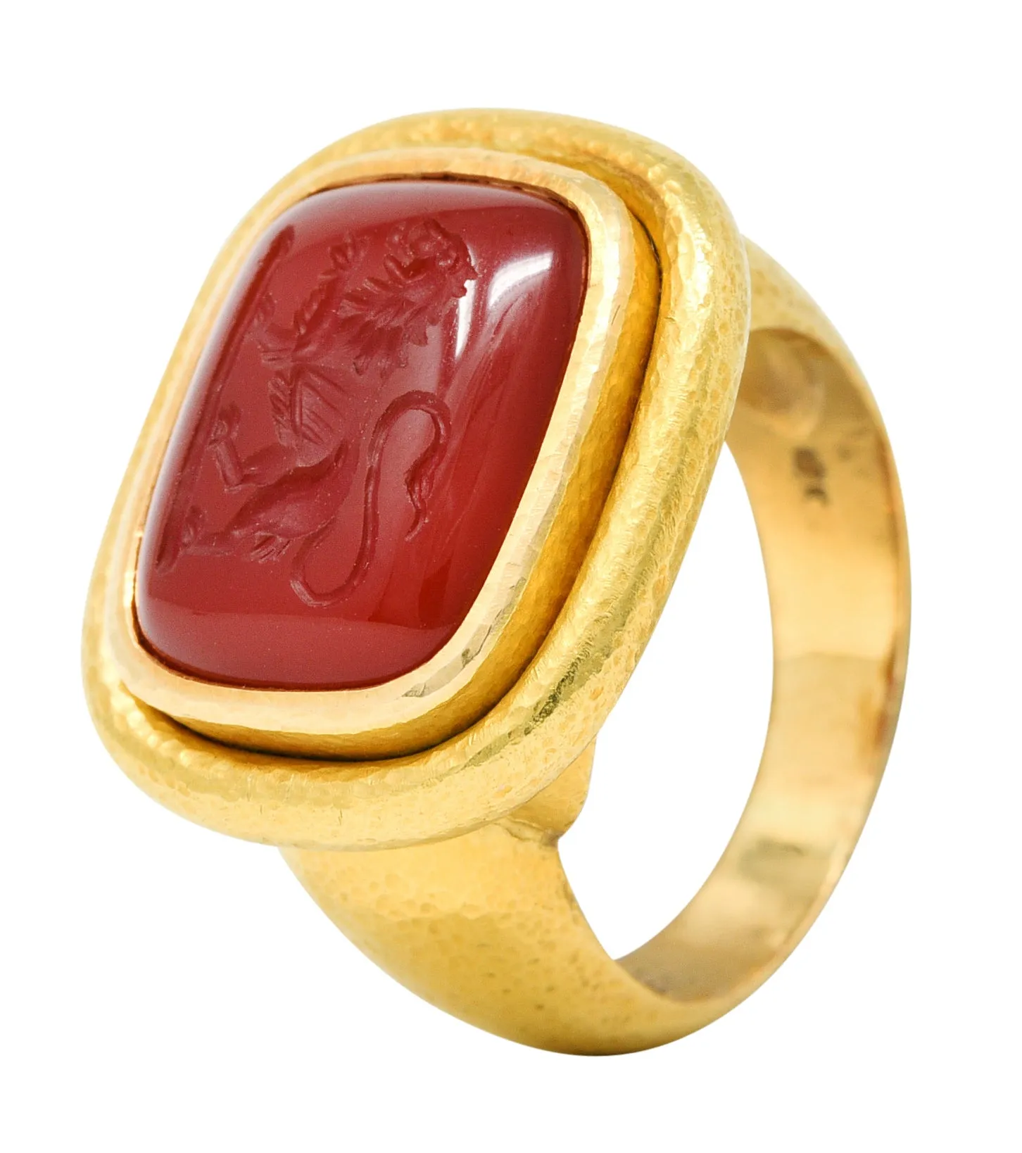 Elizabeth Locke Carnelian Intaglio 18 Karat Gold Lion Signet Ring