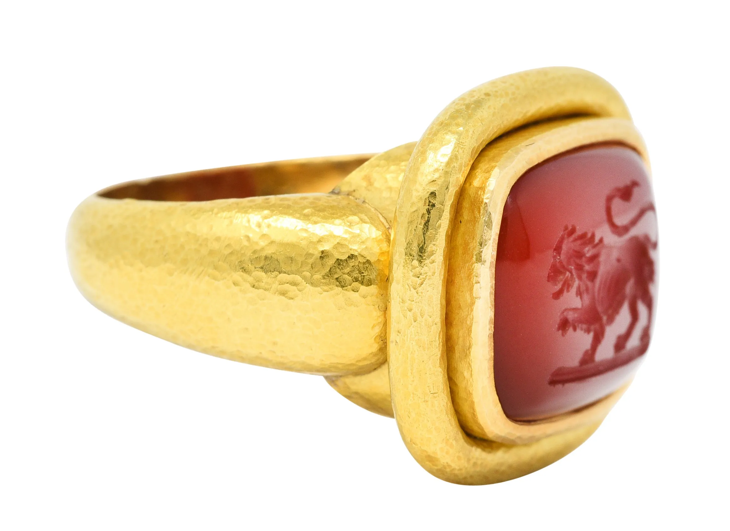 Elizabeth Locke Carnelian Intaglio 18 Karat Gold Lion Signet Ring