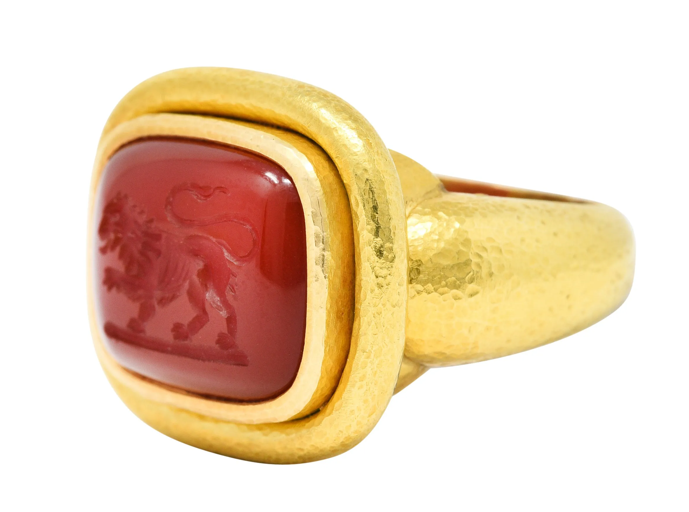 Elizabeth Locke Carnelian Intaglio 18 Karat Gold Lion Signet Ring