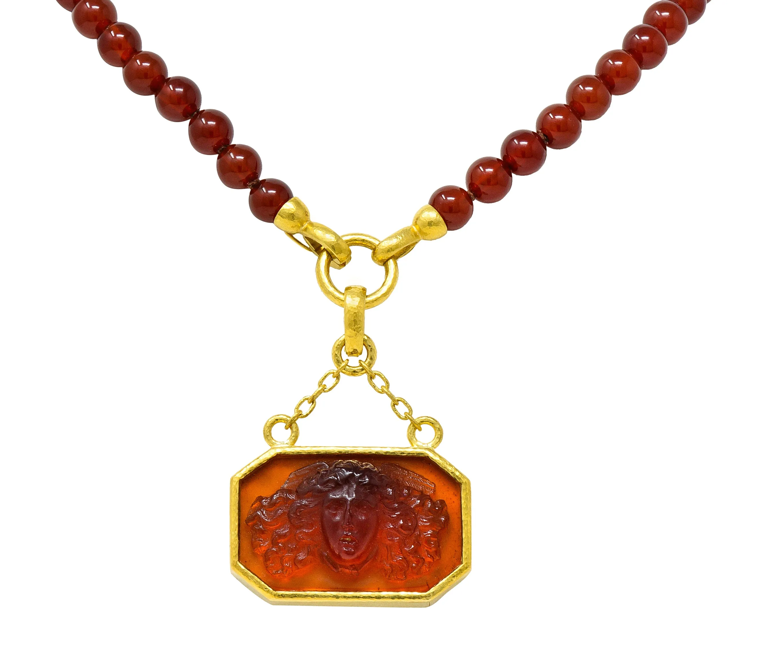 Elizabeth Locke Carnelian Venetian Glass Mother-Of-Pearl 19 Karat Gold Medusa Enhancer Pendant Necklace