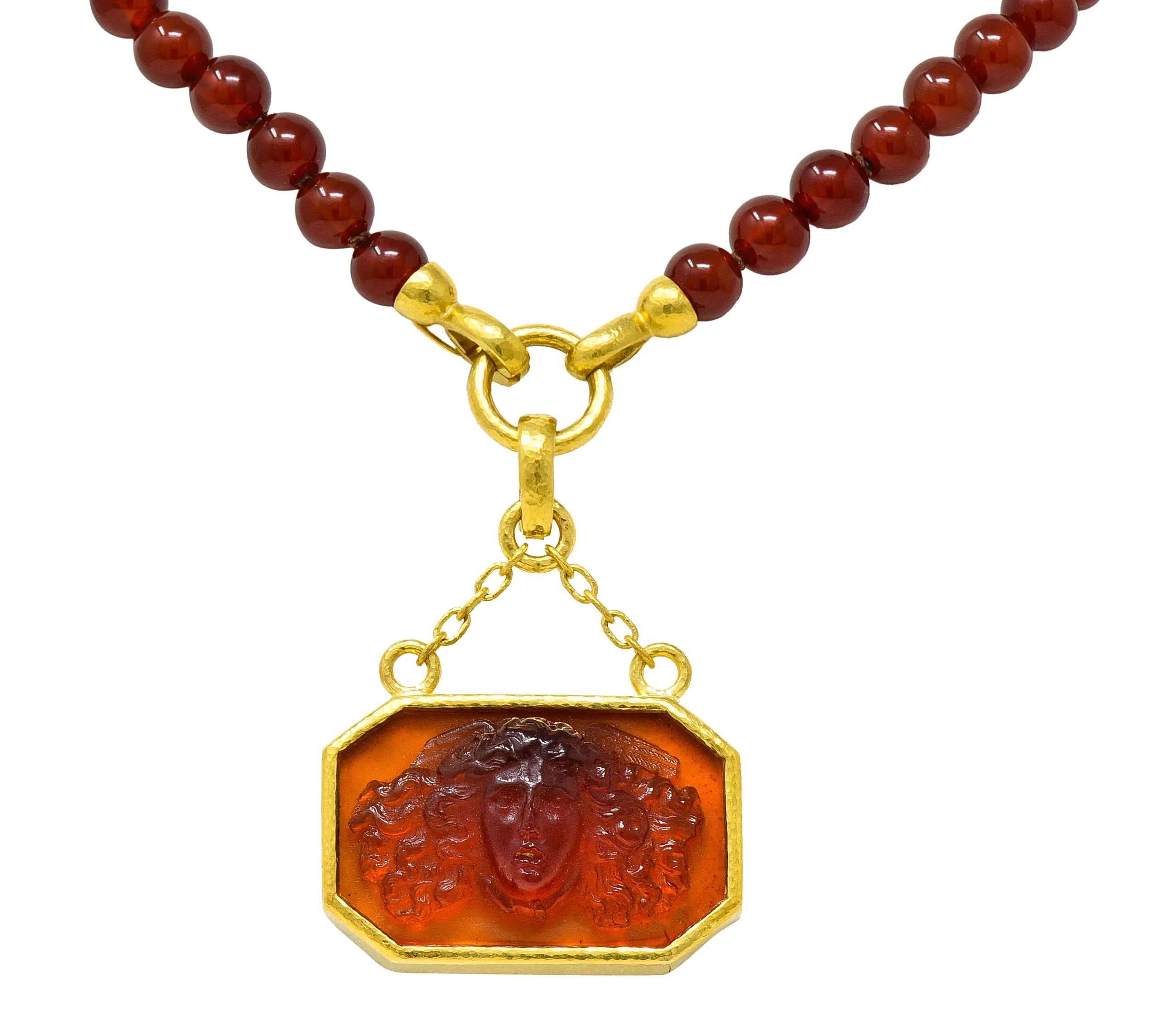 Elizabeth Locke Carnelian Venetian Glass Mother-Of-Pearl 19 Karat Gold Medusa Enhancer Pendant Necklace