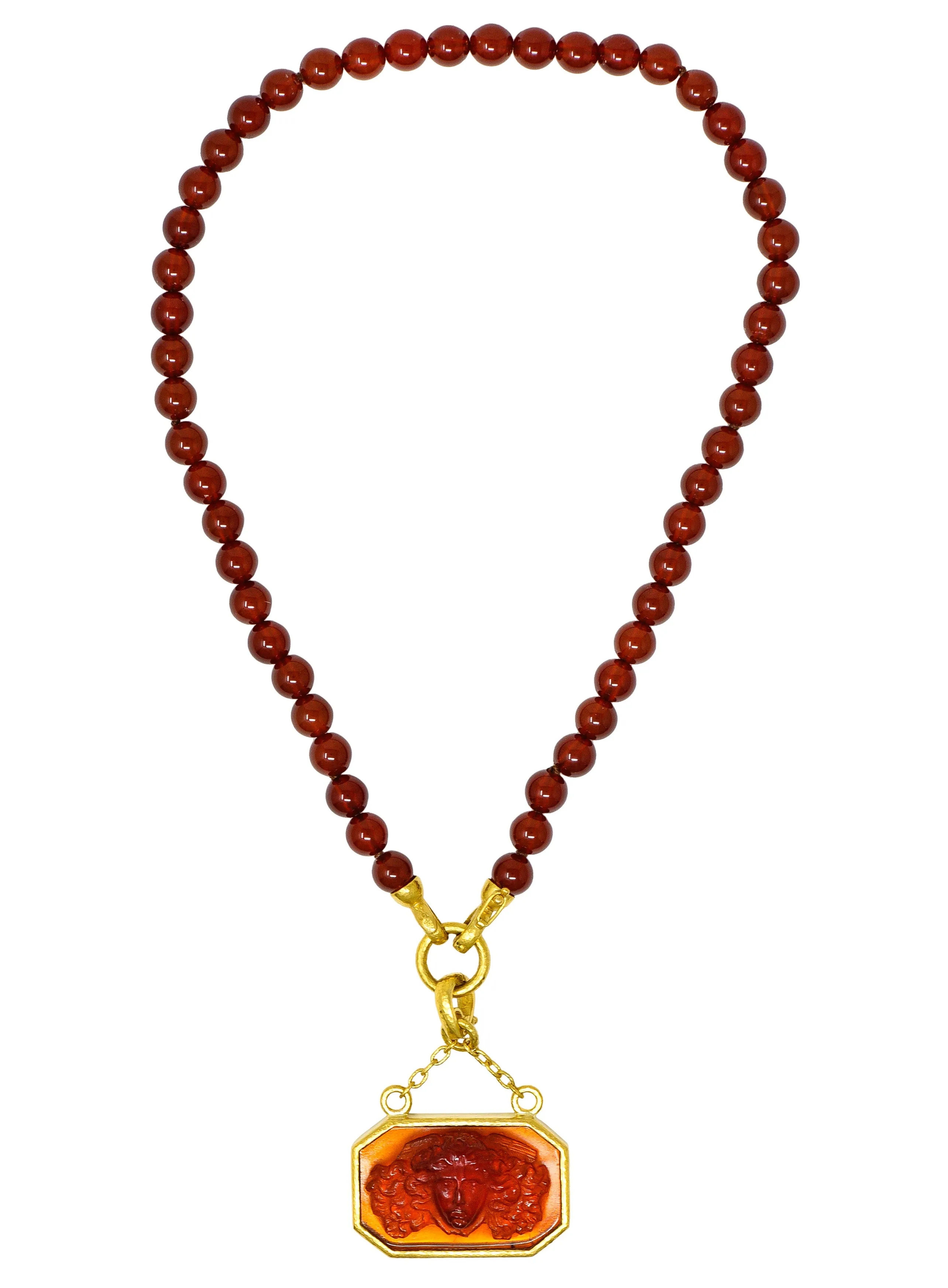 Elizabeth Locke Carnelian Venetian Glass Mother-Of-Pearl 19 Karat Gold Medusa Enhancer Pendant Necklace