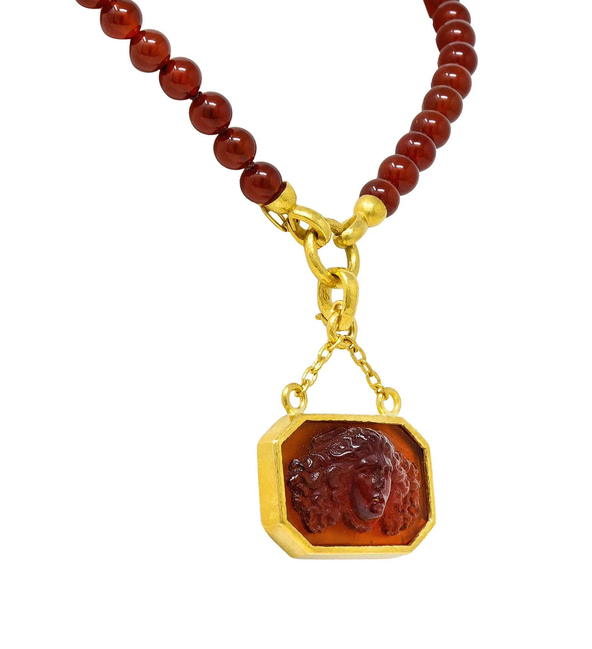 Elizabeth Locke Carnelian Venetian Glass Mother-Of-Pearl 19 Karat Gold Medusa Enhancer Pendant Necklace