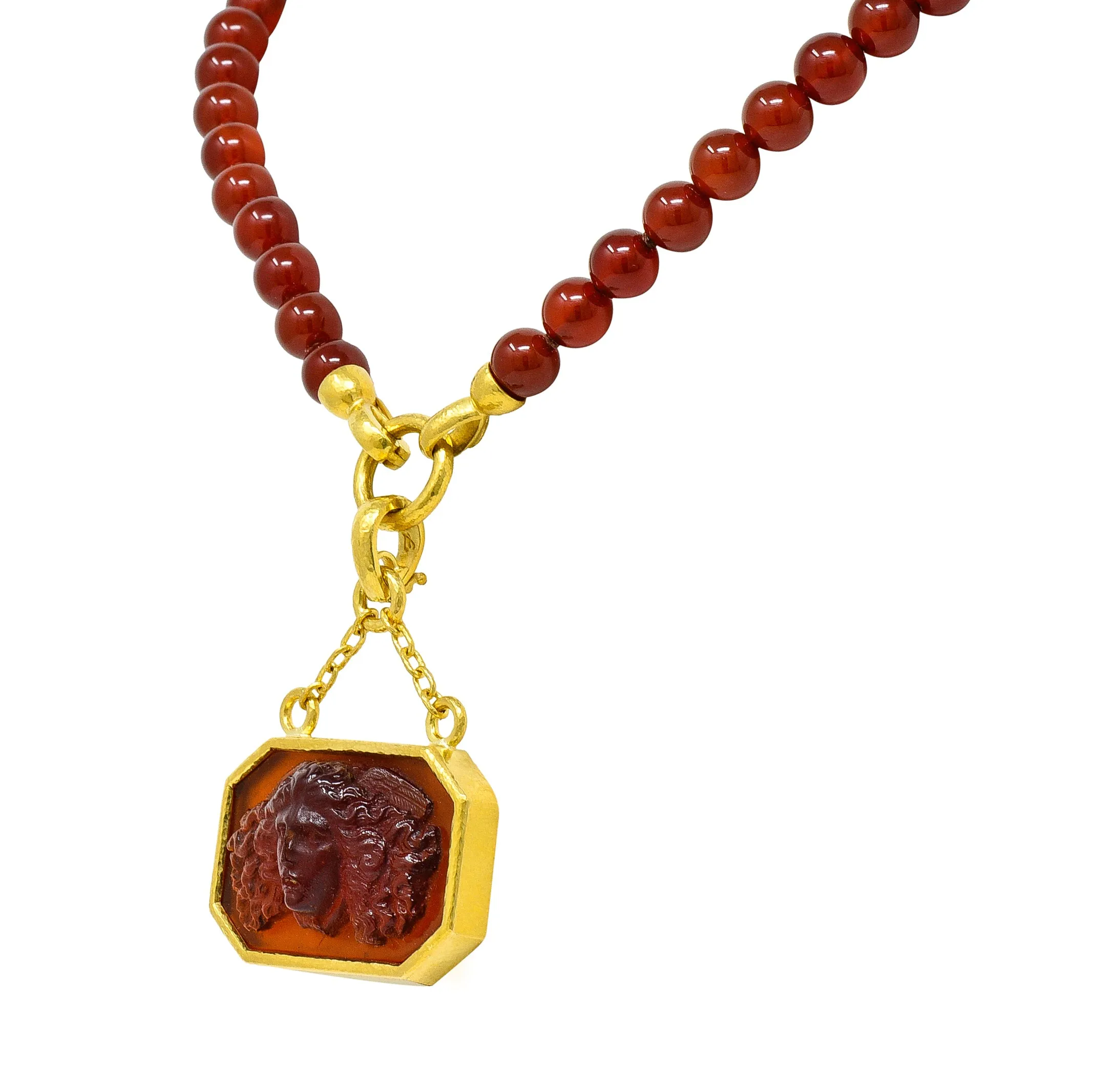 Elizabeth Locke Carnelian Venetian Glass Mother-Of-Pearl 19 Karat Gold Medusa Enhancer Pendant Necklace