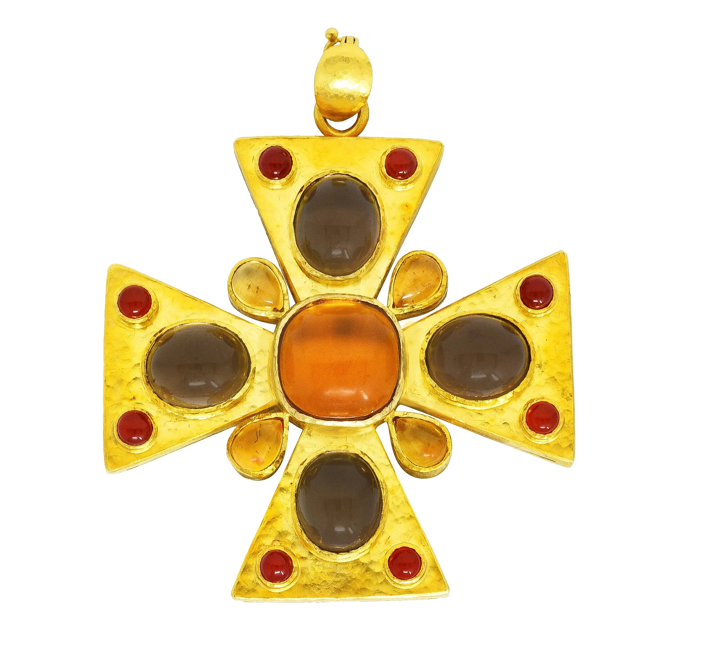 Elizabeth Locke Citrine Smokey Quartz Carnelian Mother-of-Pearl 19 Karat Yellow Gold Maltese Cross Enhancer Pendant