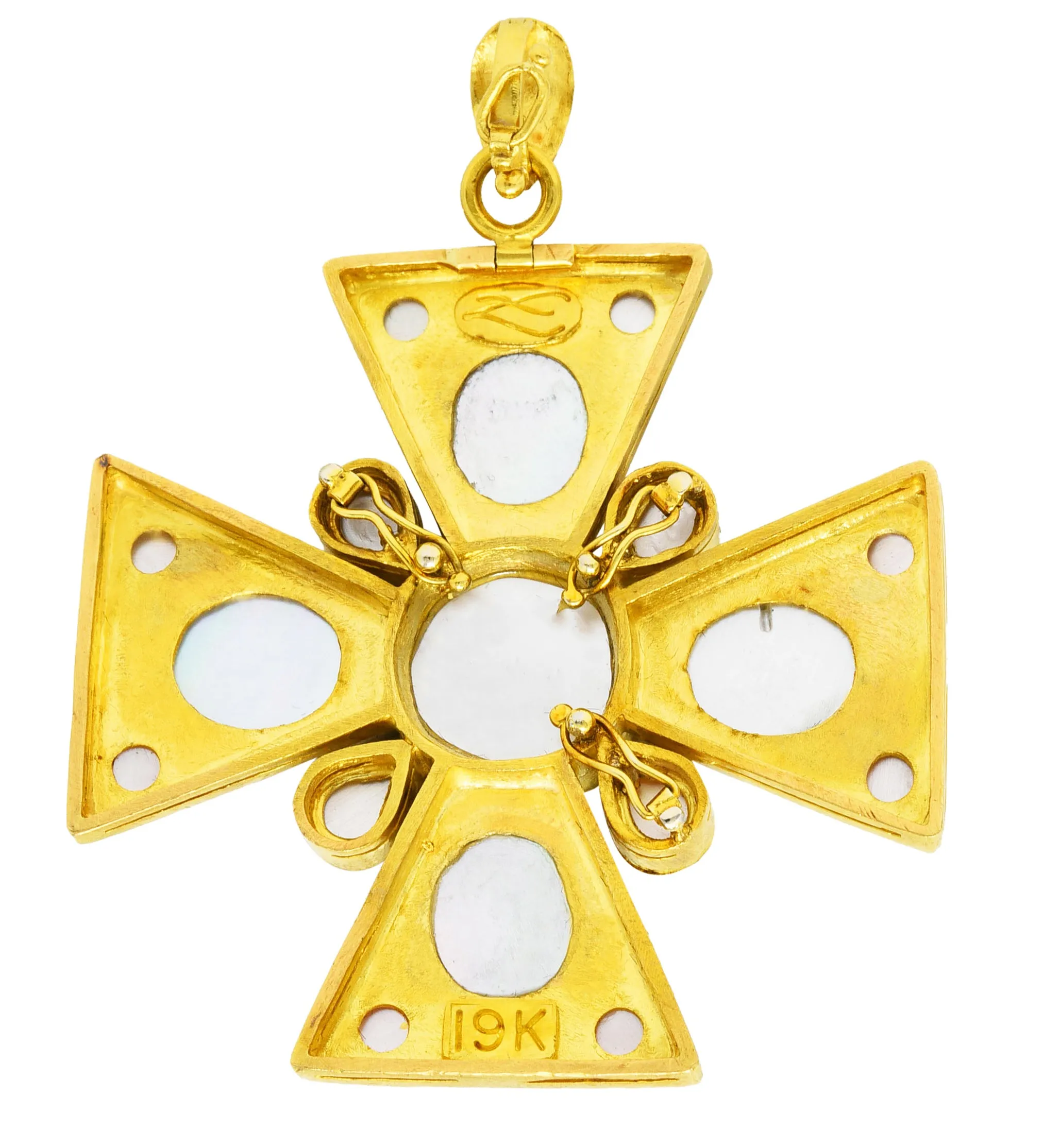 Elizabeth Locke Citrine Smokey Quartz Carnelian Mother-of-Pearl 19 Karat Yellow Gold Maltese Cross Enhancer Pendant